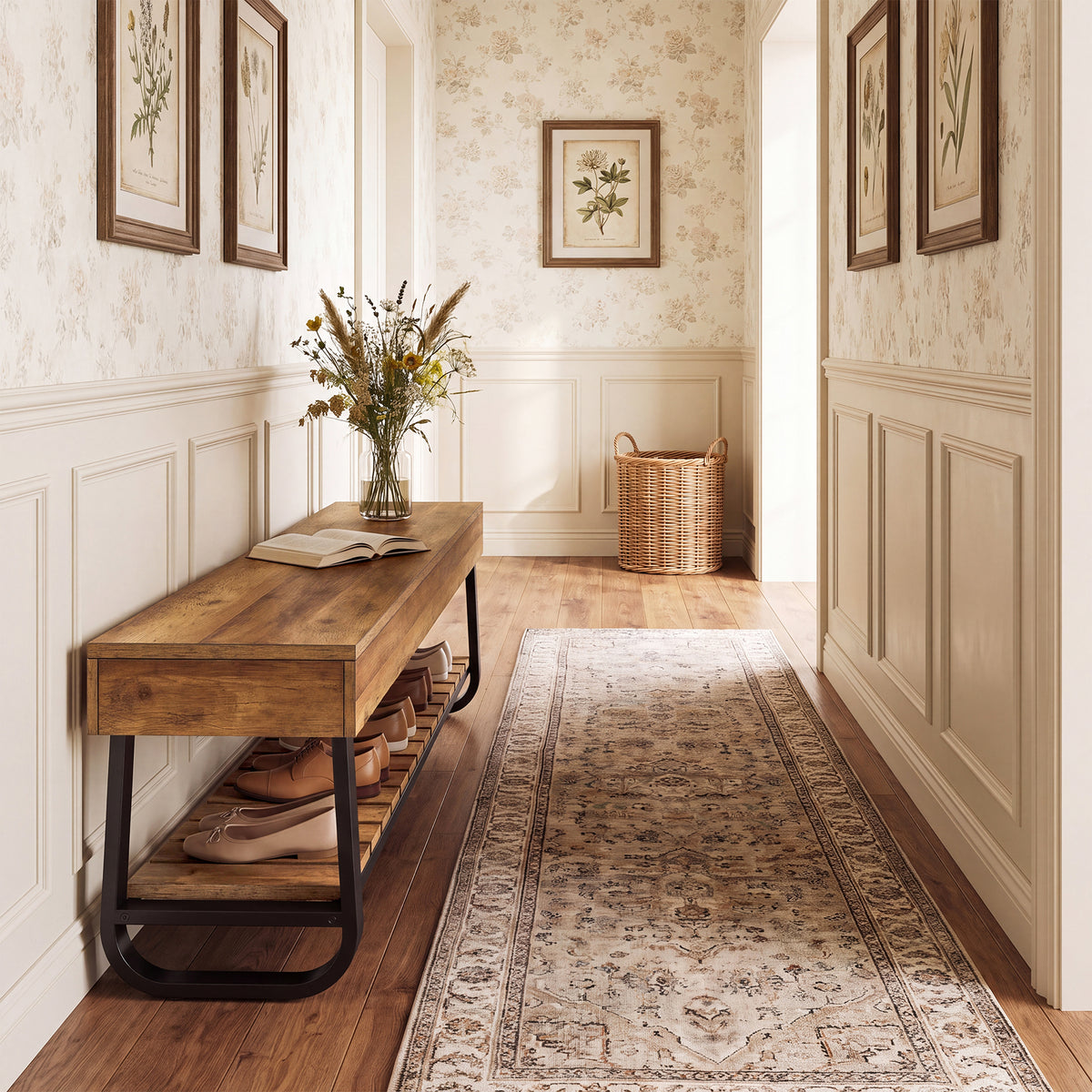 Tribesigns 63" Long Entryway Bench with Slatted Shoe Storage, Industrial Hallway Bench for 2-3