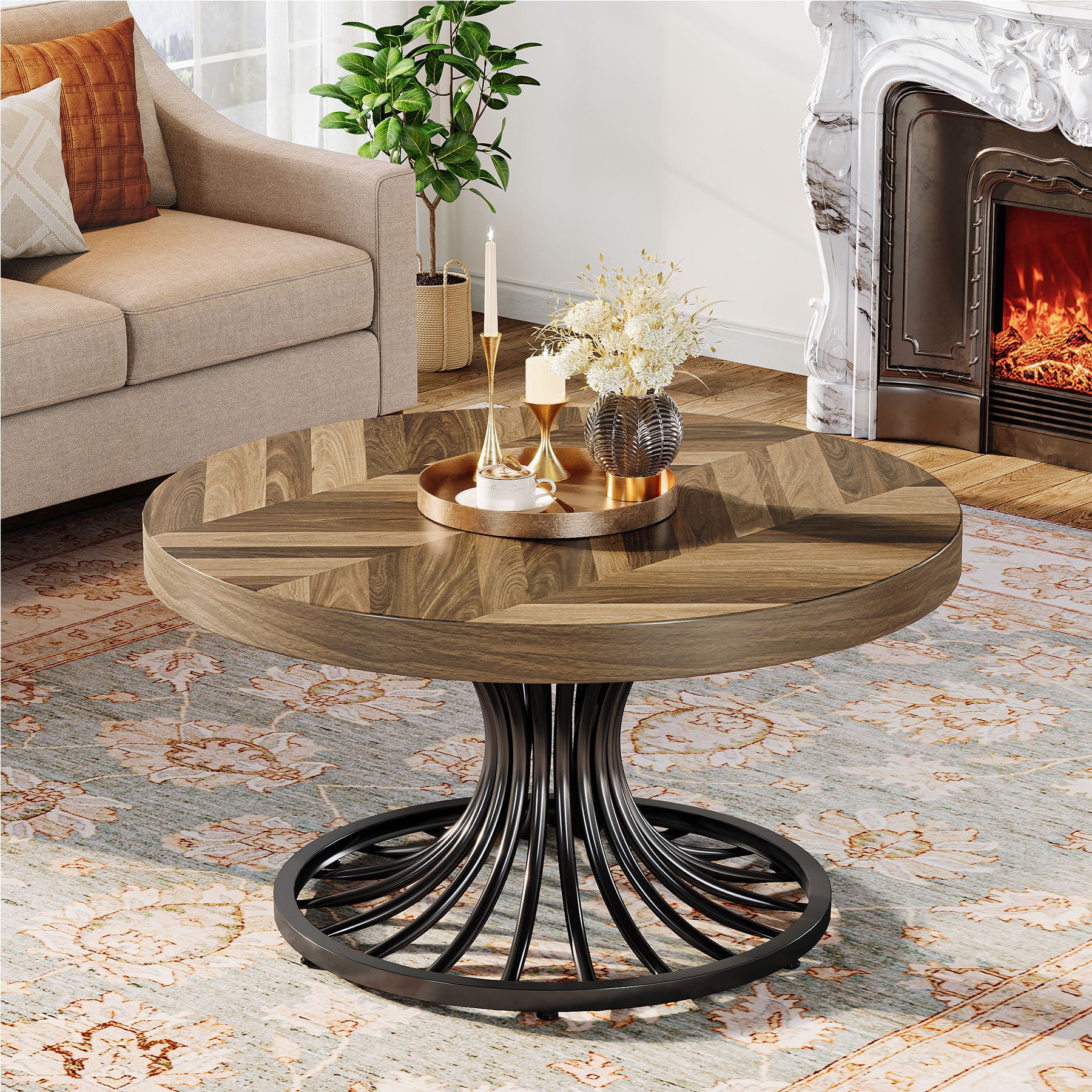 31.5-Inch Round Wood Coffee Table, Farmhouse Circle Table with Metal Pedestal for Living Room