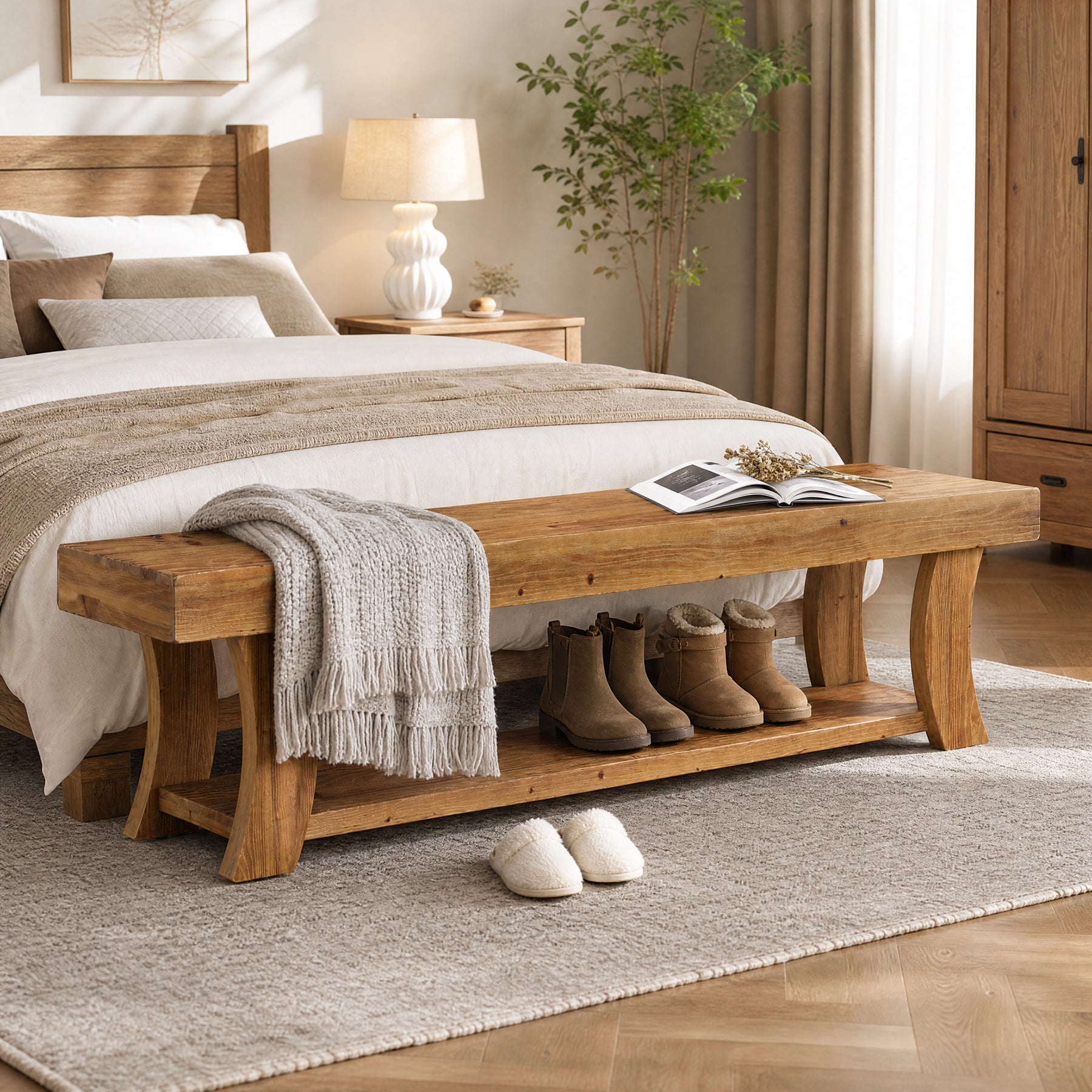 63-Inch Solid Fir Wood Storage Bench with Curved Legs, Farmhouse Bench for Hallway