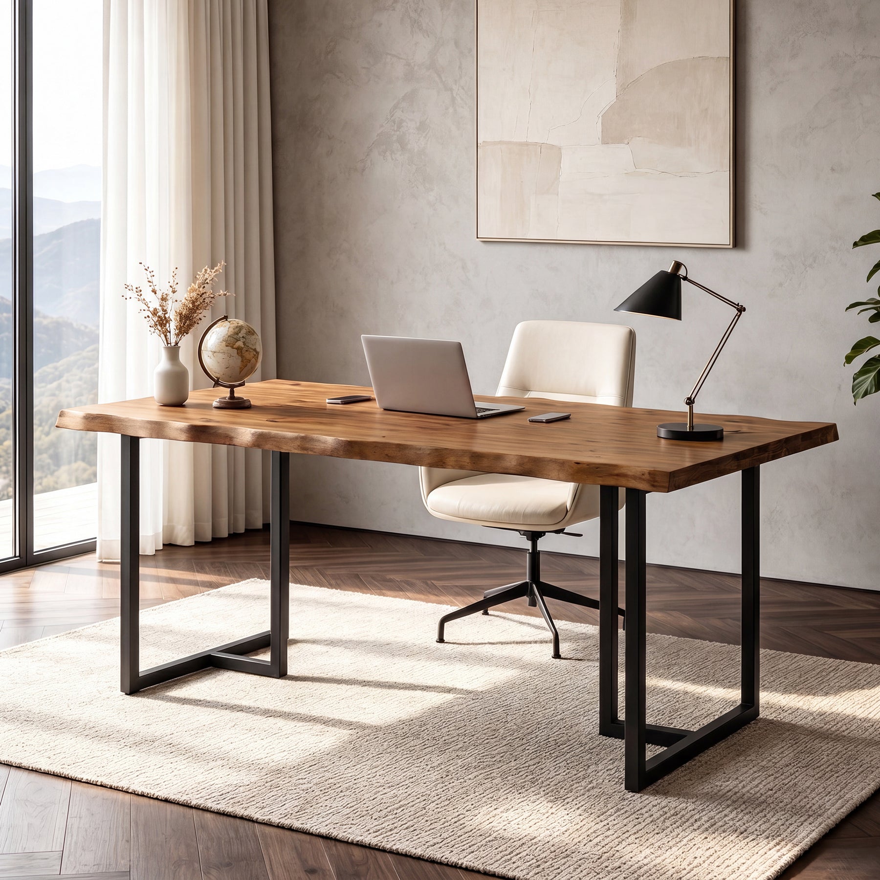 Tribesigns 63-Inch Solid Wood Home Office Desk with Live-Edge Inspired Top, Industrial Writing Desk with Metal Frame for Study and Work