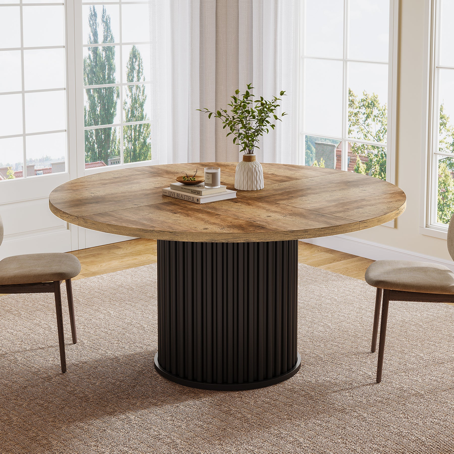 47" Round Dining Table for 4–6 People, Modern Farmhouse Kitchen Table with Fluted Pedestal Base