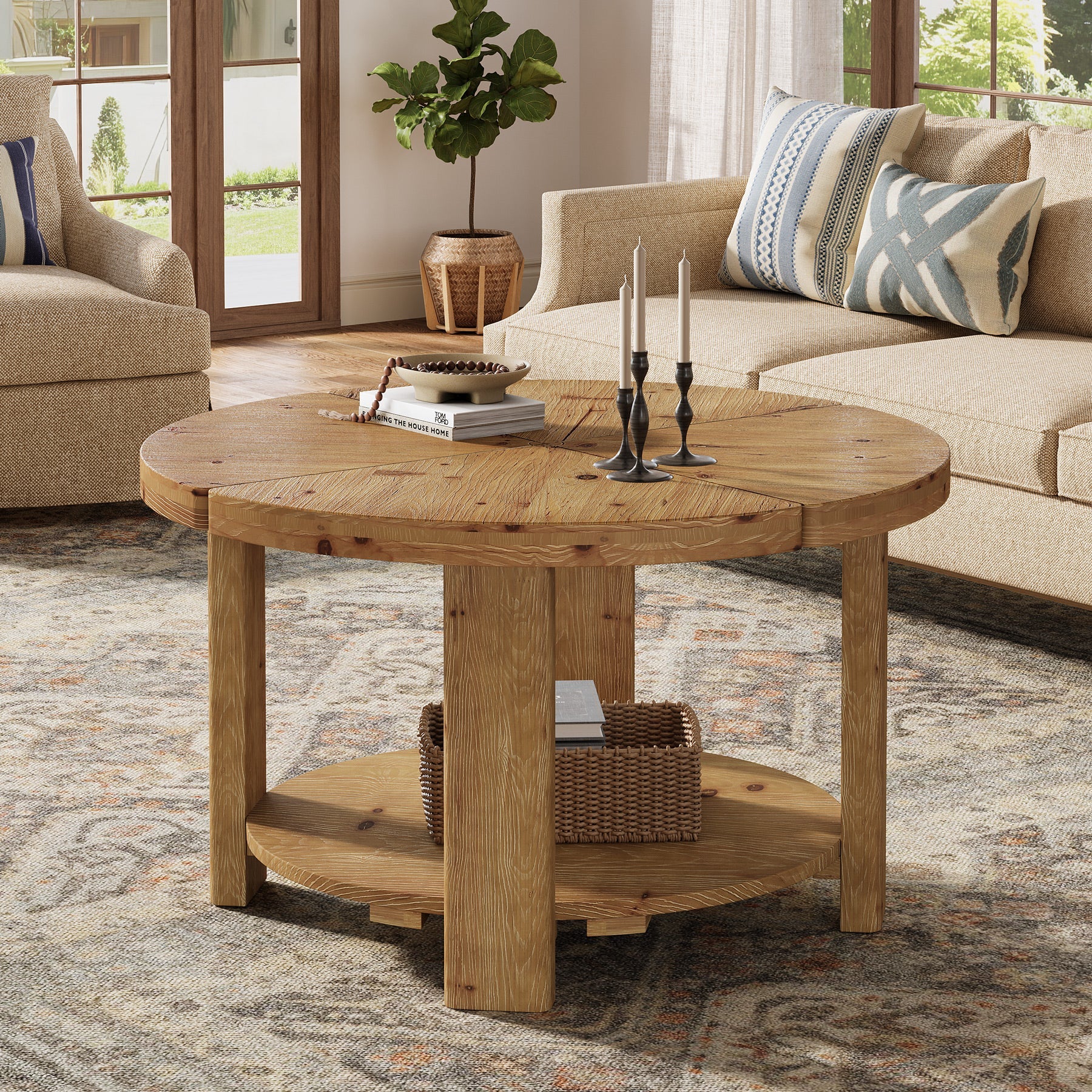 31.5" Farmhouse 2-Tier Coffee Table, Round Solid Wood Storage Table in Natural Brown
