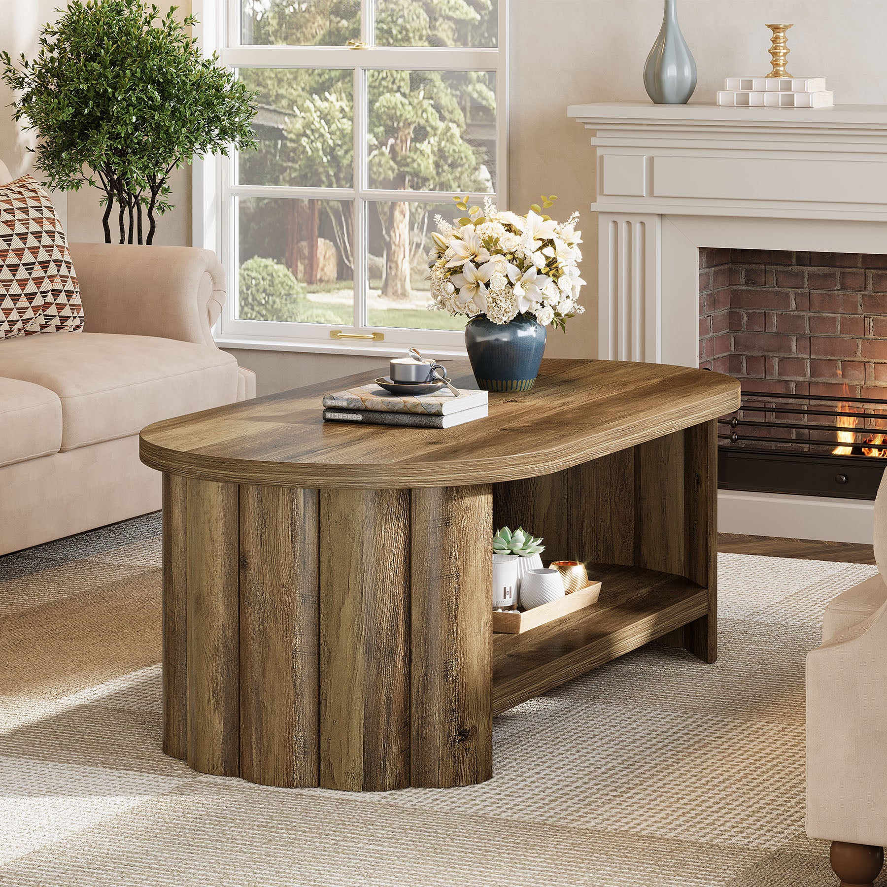47.24-Inch Oval Coffee Table with 2-Tier Storage Shelf and Dual Base, Farmhouse Accent Center Table