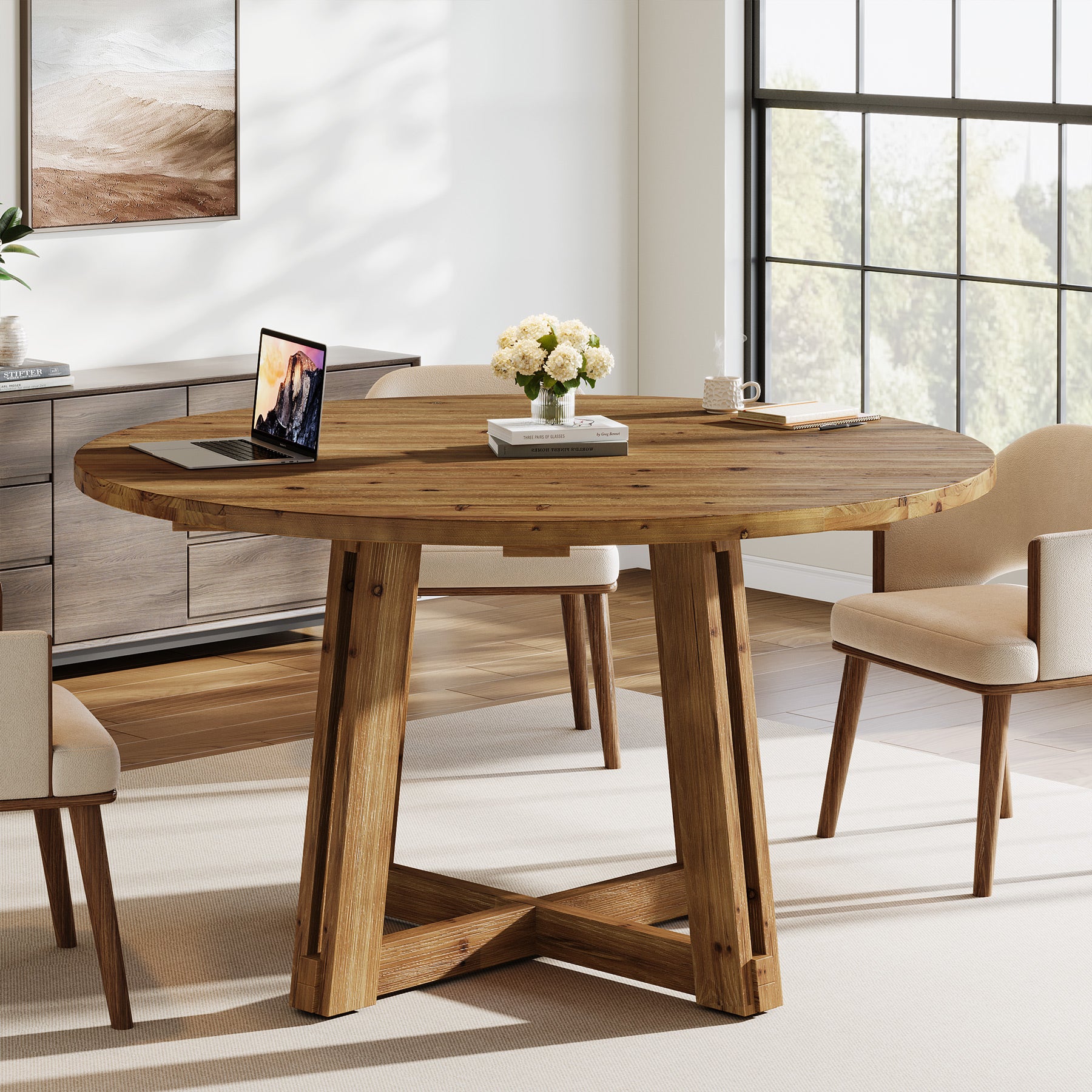 Tribesigns 47-Inch Solid Wood Conference Table for 4-6 People, Round Meeting Table with Crossed Frame for Office and Home Office