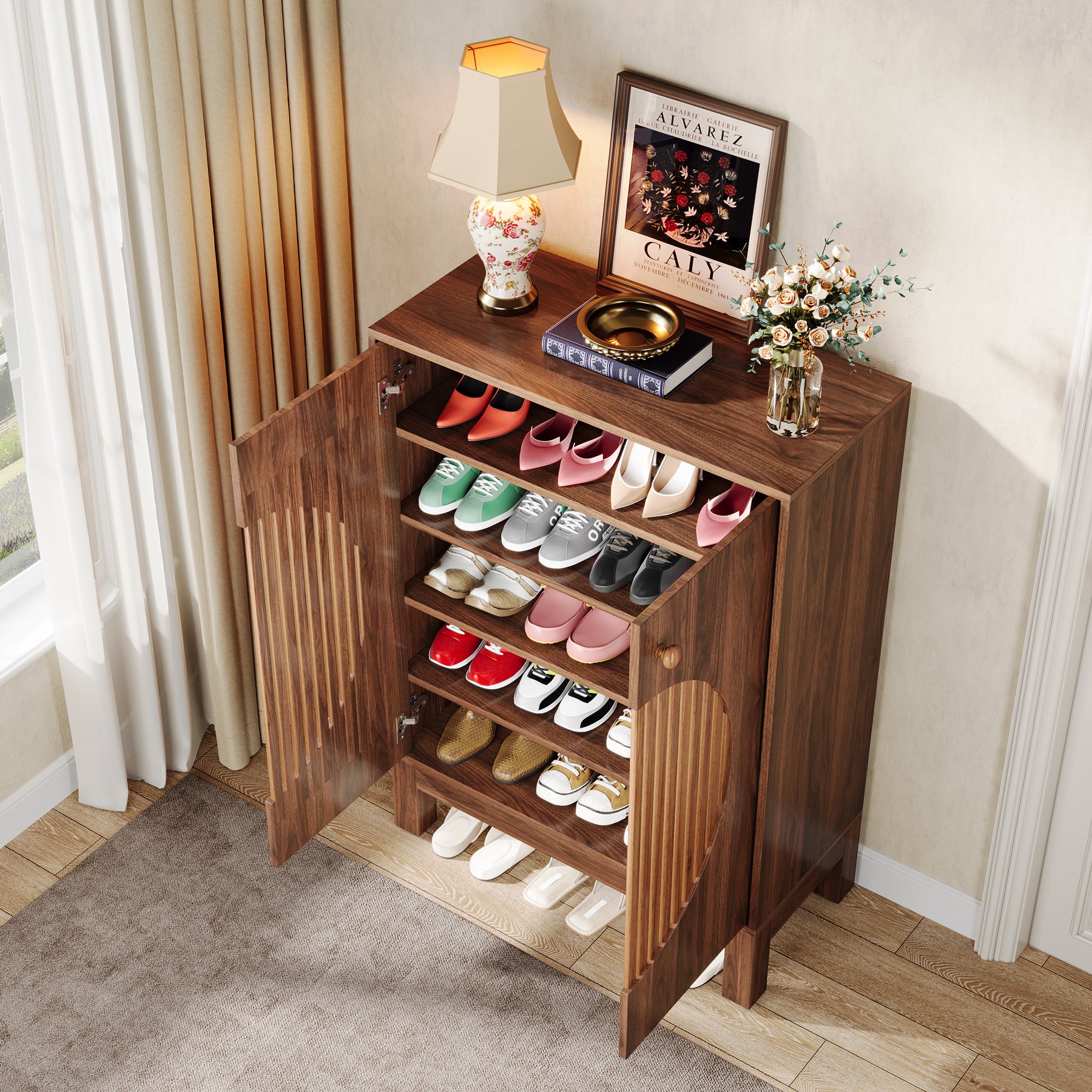 Tribesigns 5-Tier Shoe Cabinet, 20-Pair Farmhouse Shoe Storage Organizer with Round Louvered Doors for Entryway