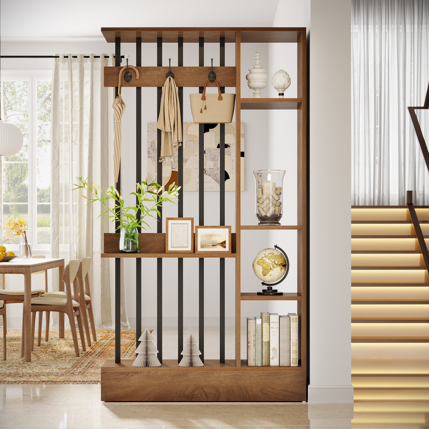 70.9 Inch Room Divider, Freestanding Bookshelf Partition with Shelves and Coat Hooks