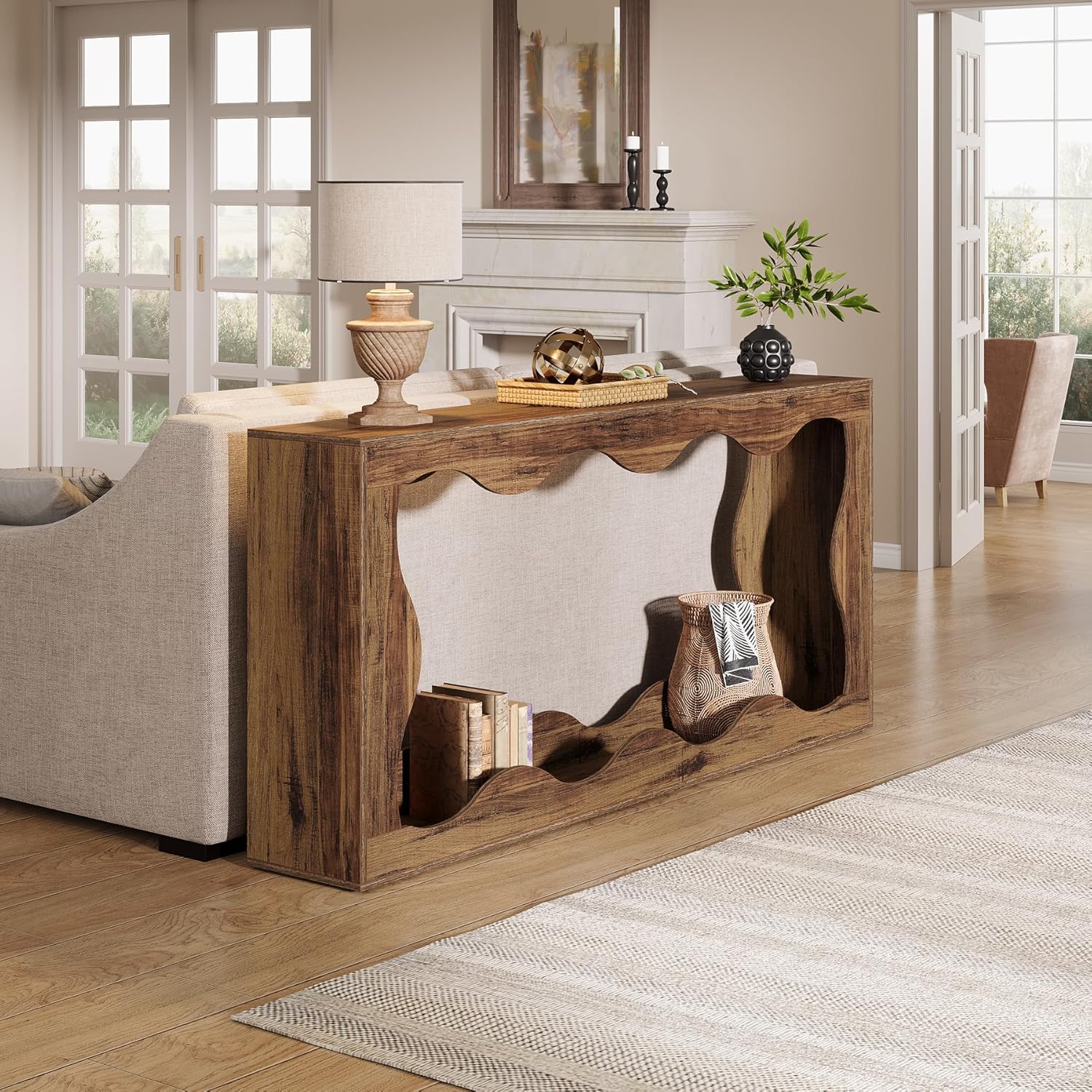 63" Rustic Farmhouse Console Table - Scalloped Sofa Table with Storage for Hallway & Living Room