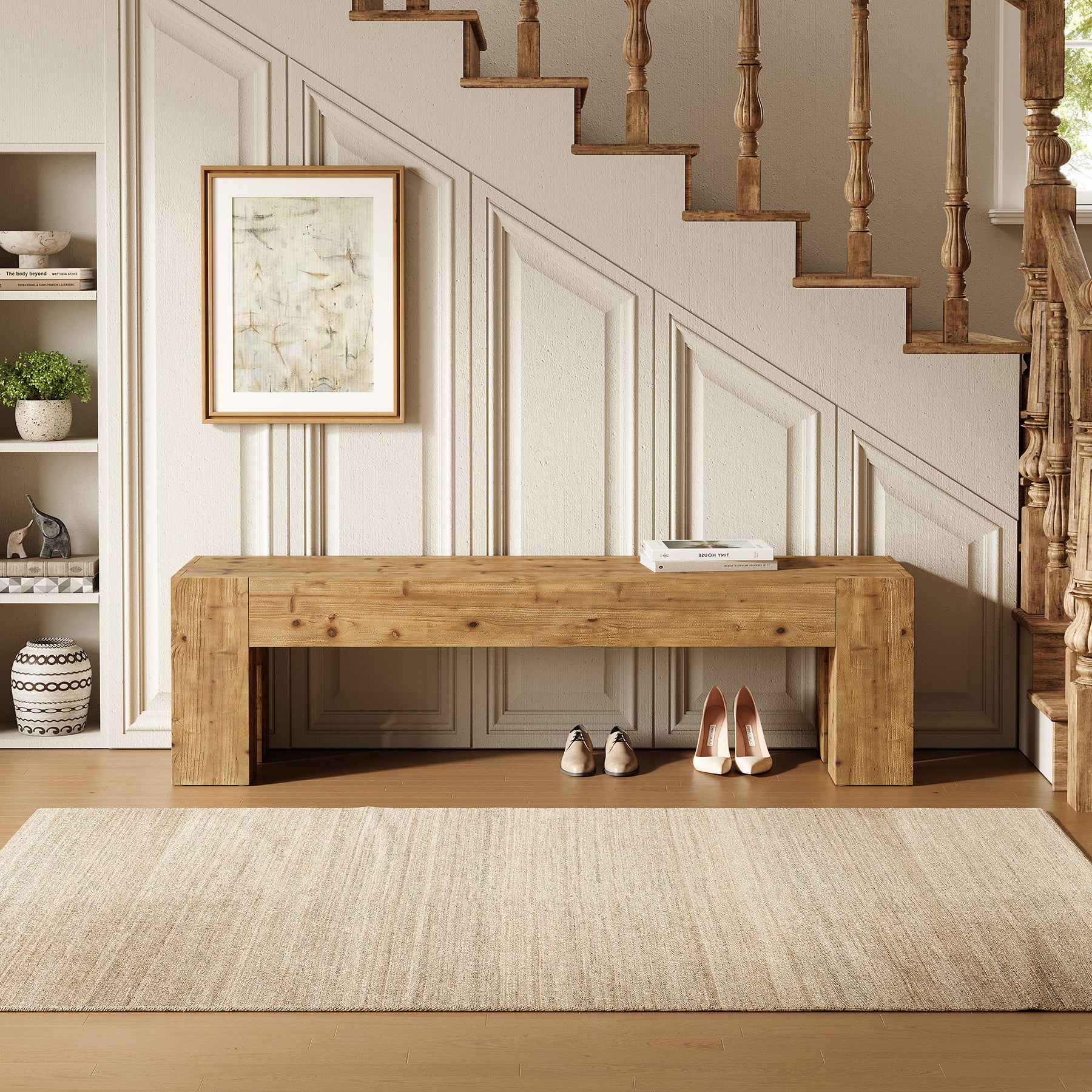 Tribesigns 63-Inch Solid Wood Entryway Bench with Sturdy Frame, Rustic Farmhouse Long Bench for Hallway Living Room and Bedroom