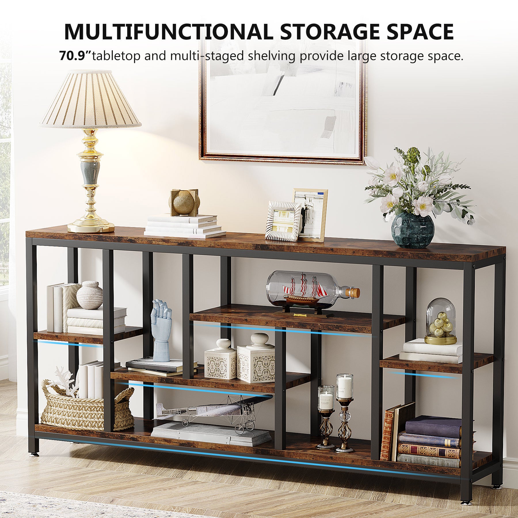 Tribesigns 70.9-Inch Extra Long Console Table with 3-Tier Storage Shelves, Industrial Narrow Sofa Table for Entryway