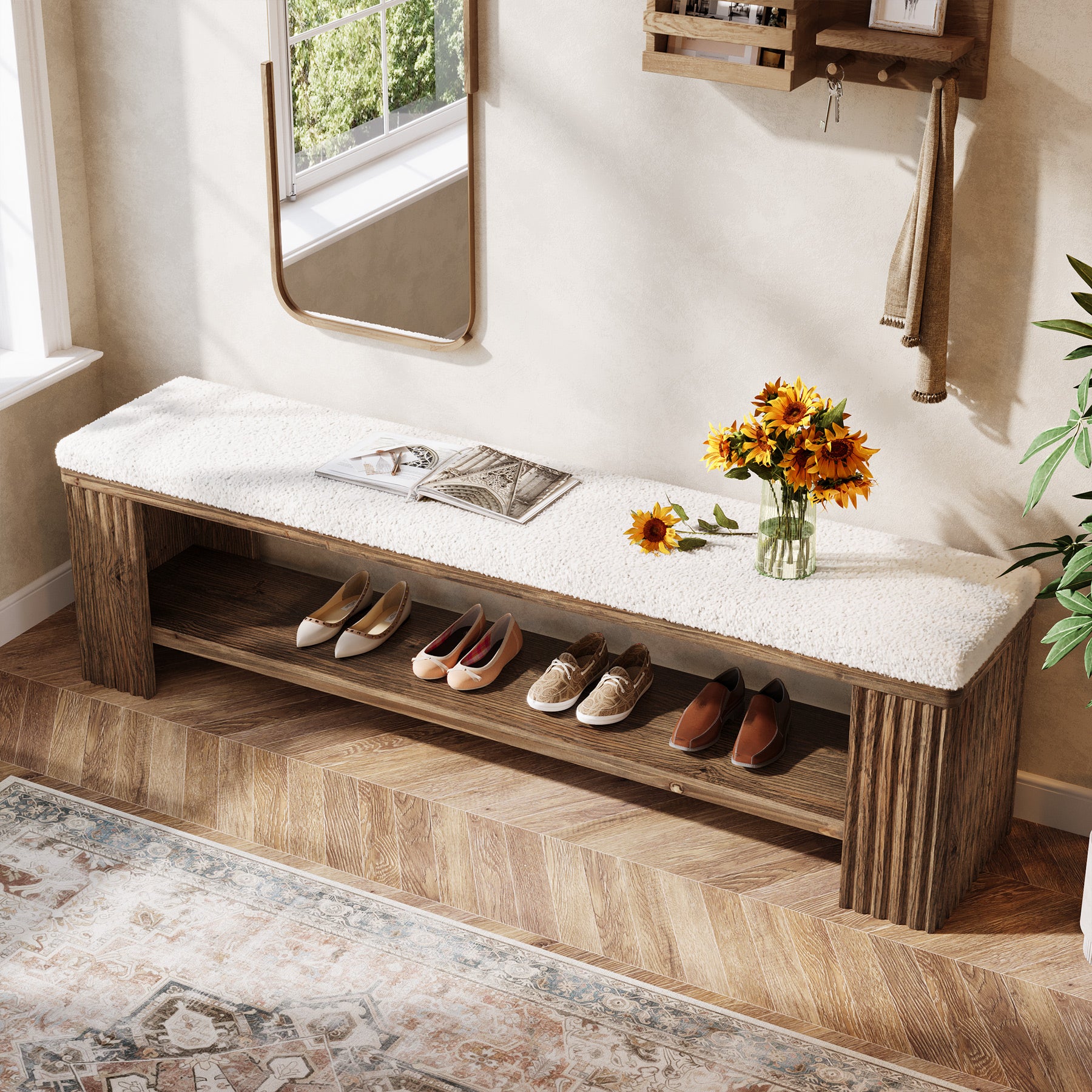 Tribesigns 63 Inch Solid Wood Bench with Removable Faux Lambswool Cushion, Farmhouse End of Bed Seat