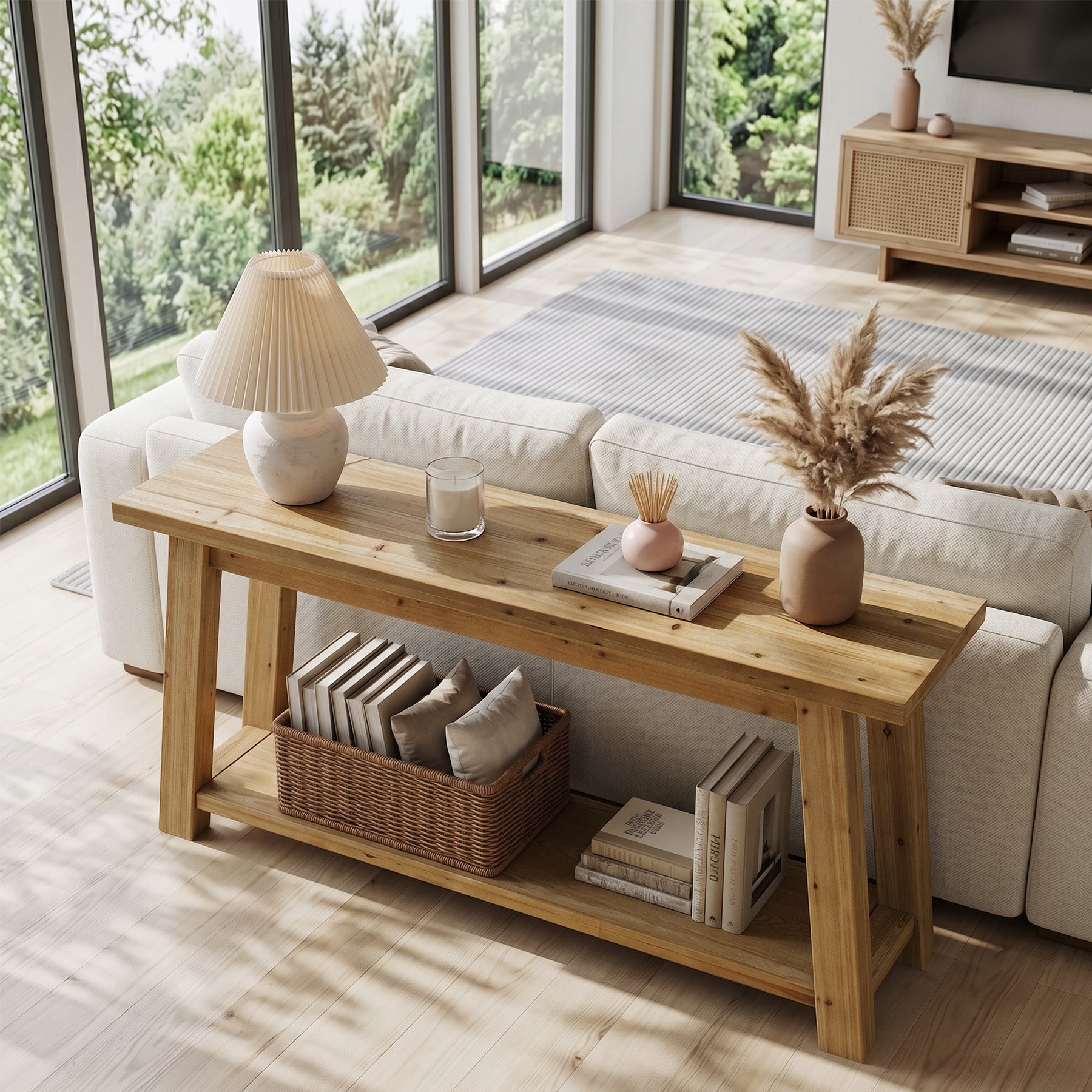 70.9-Inch Solid Wood Console Table with 2-Tier Storage Shelf, Farmhouse Entryway Table for Living Room and Hallway