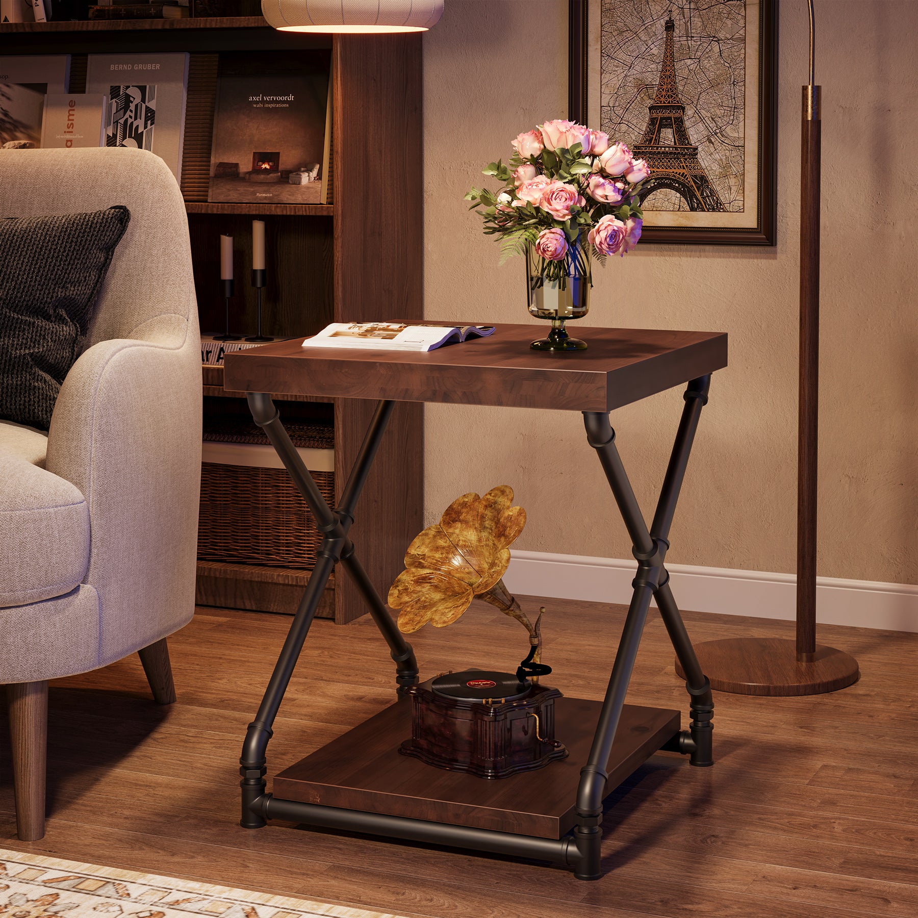 Solid Wood End Table with Storage Shelf and X-Shaped Legs, Small Wood Nightstand