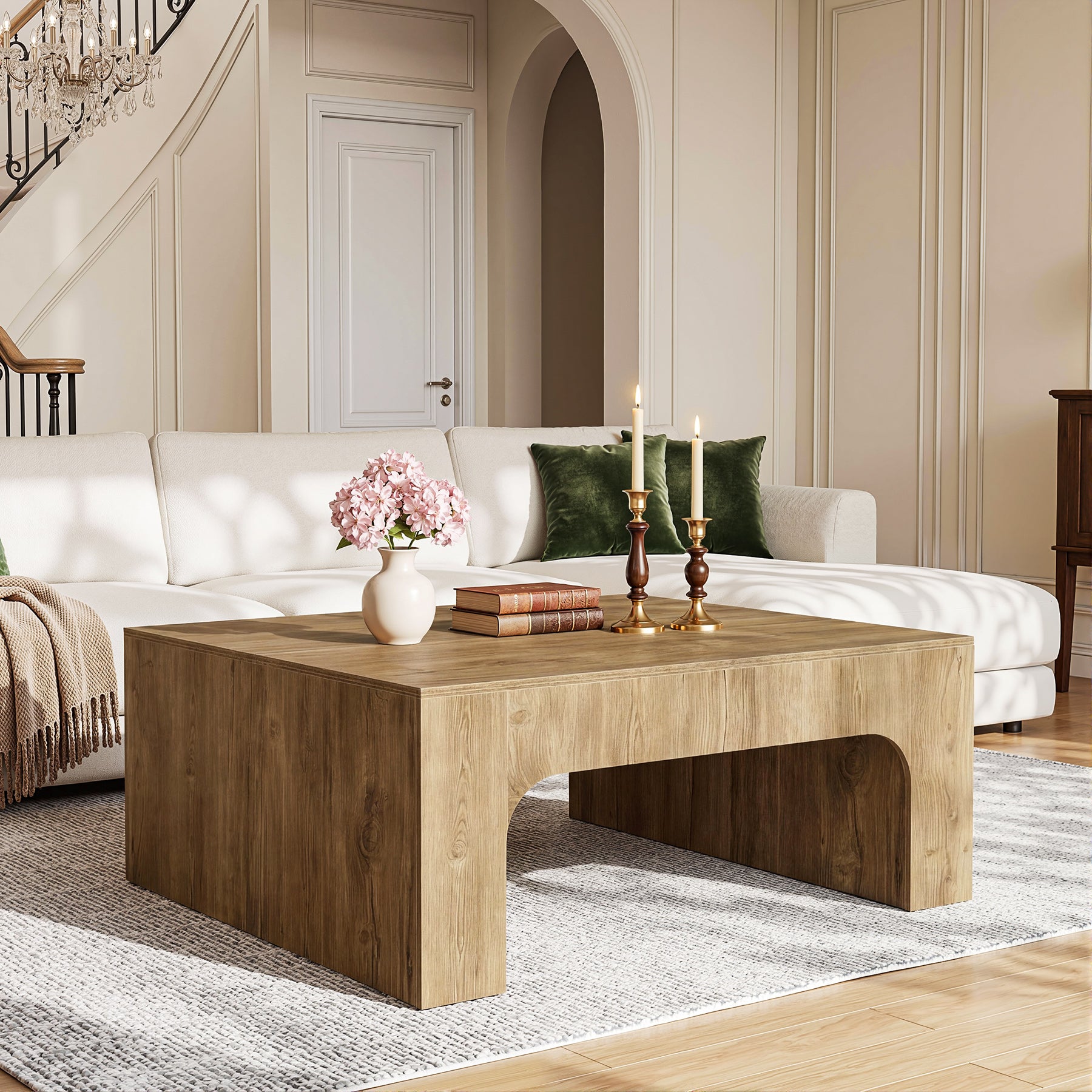 39 Inch Square Coffee Table, Farmhouse Wooden Center Table with Curved Design for Living Room