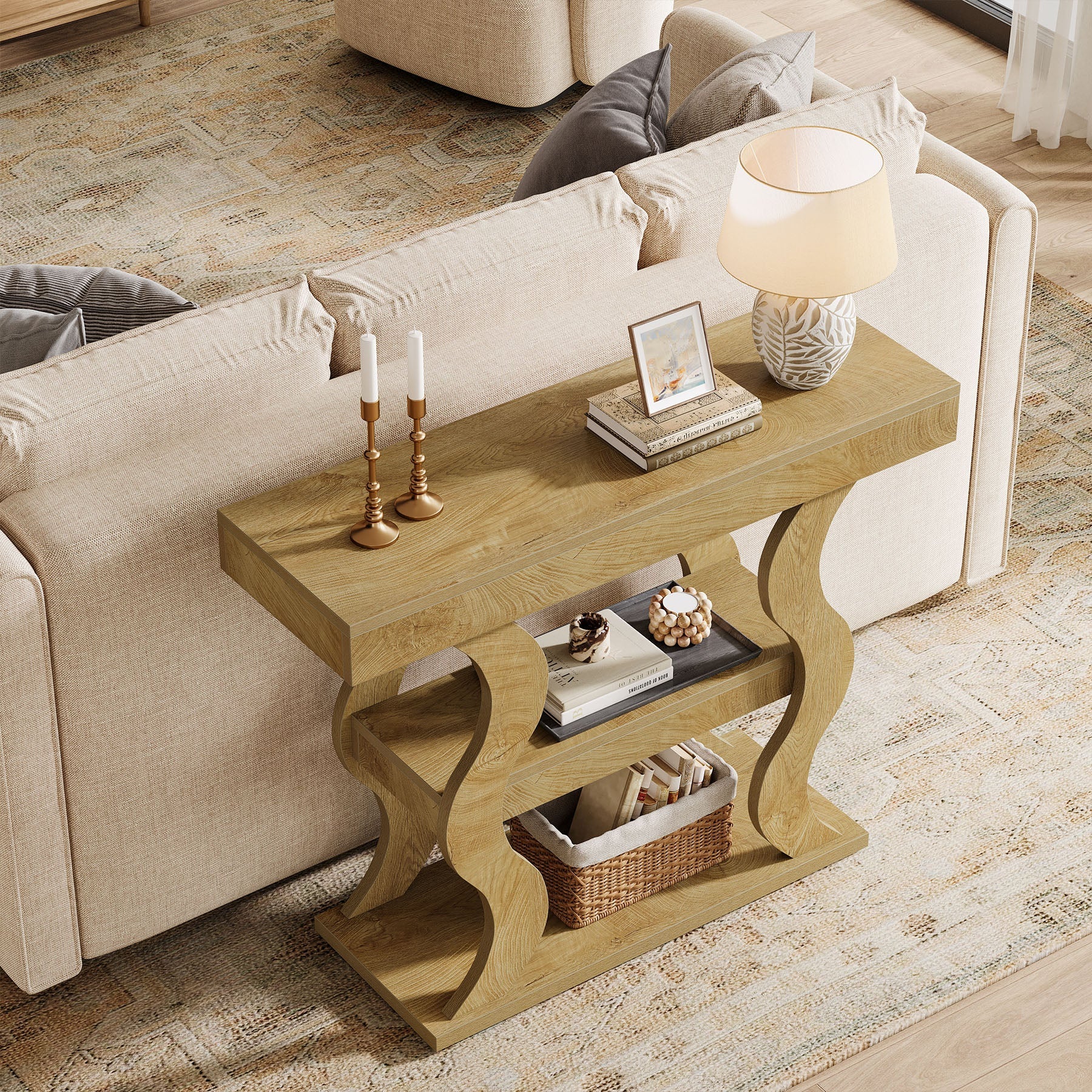 41" Console Table with 3-Tier Storage, Sofa Table with Curved Frame
