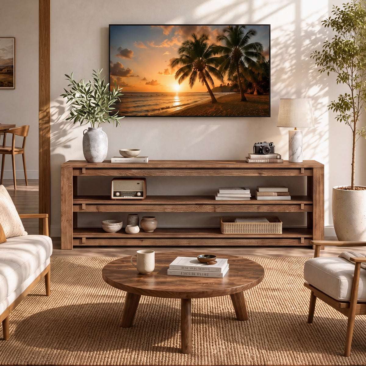 Tribesigns 63" Solid Wood TV Stand with 3-Tier Open Storage, Rustic Media Console for 75" TVs