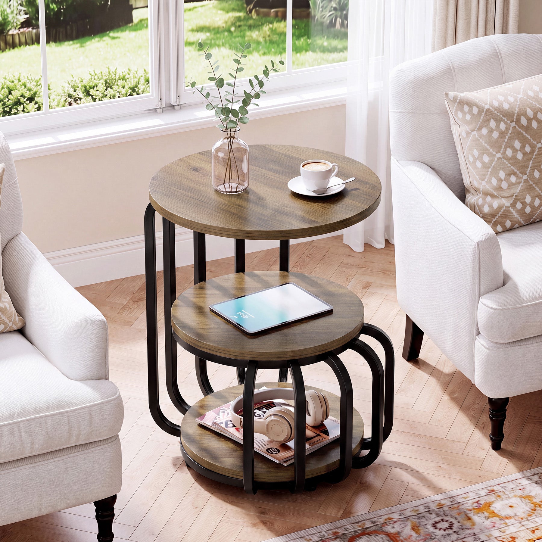 19.69 Inch Round End Table, 3 Tier Industrial Side Table with Storage for Living Room