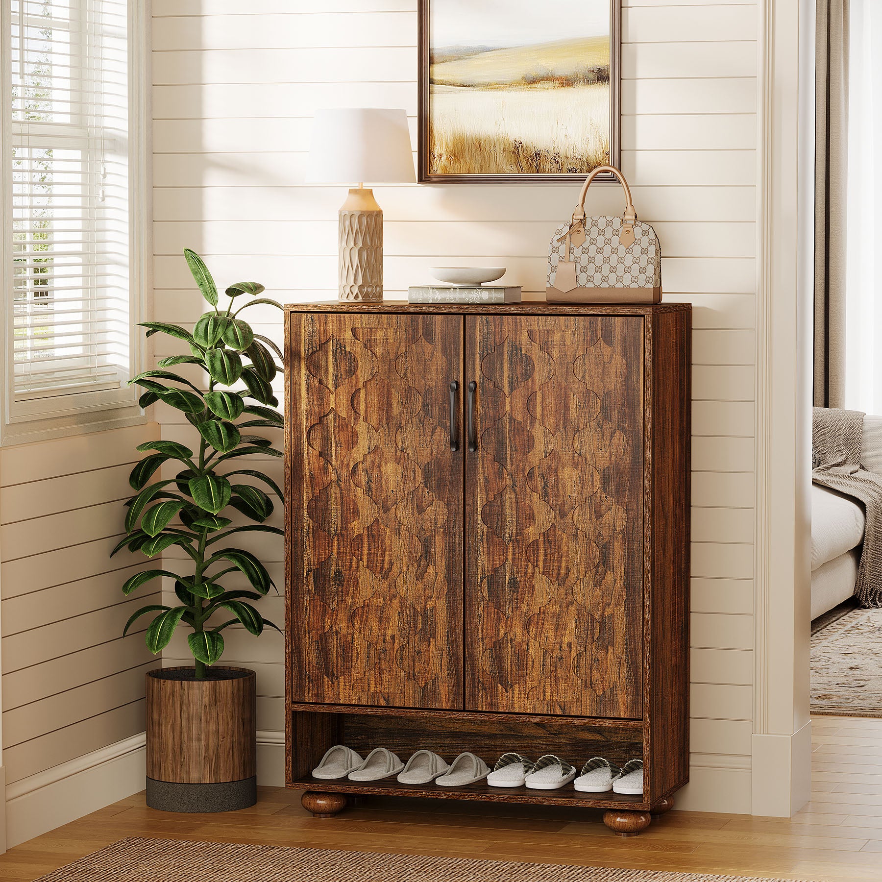 Tribesigns 31.5-Inch Solid Wood Shoe Cabinet for Entryway, Farmhouse Tall Shoe Storage Cabinet with Doors and Adjustable Shelves for Hallway