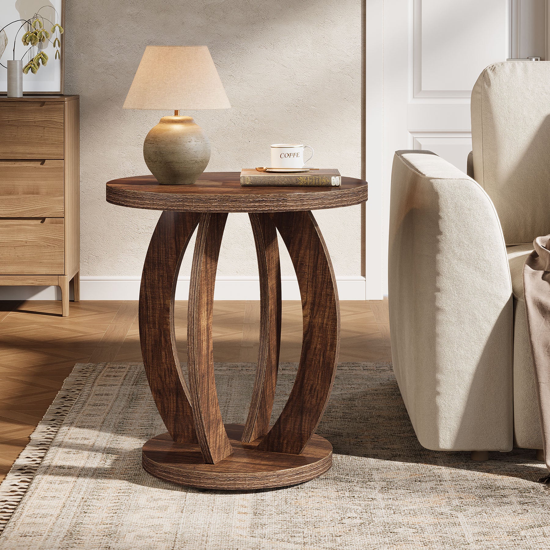 24" Round Farmhouse Nightstand - Bedside Table with Storage, Wood Base, Brown