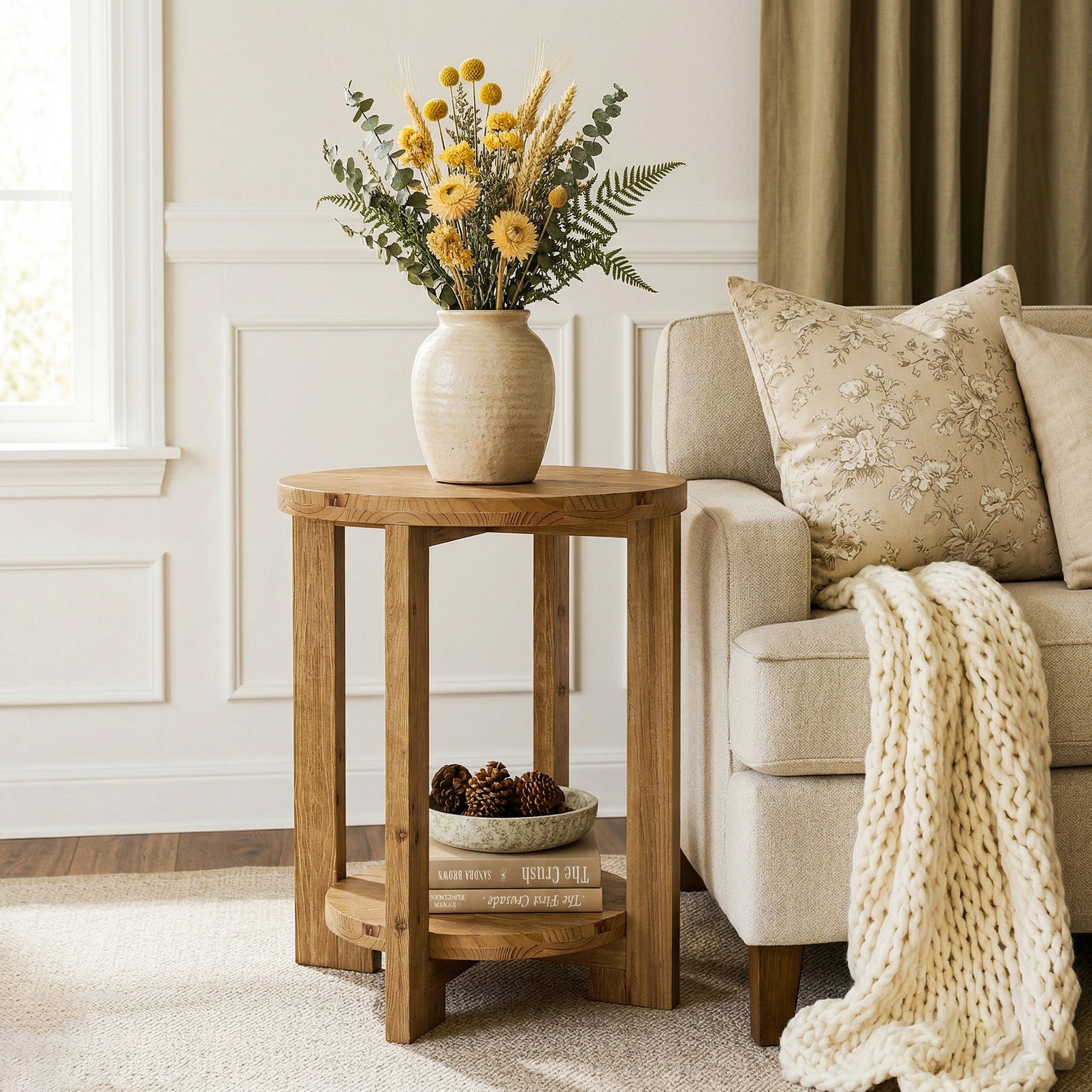 Tribesigns 19.69" Solid Wood Round End Table with 2-Tier Storage Shelf, Living Room Side Table