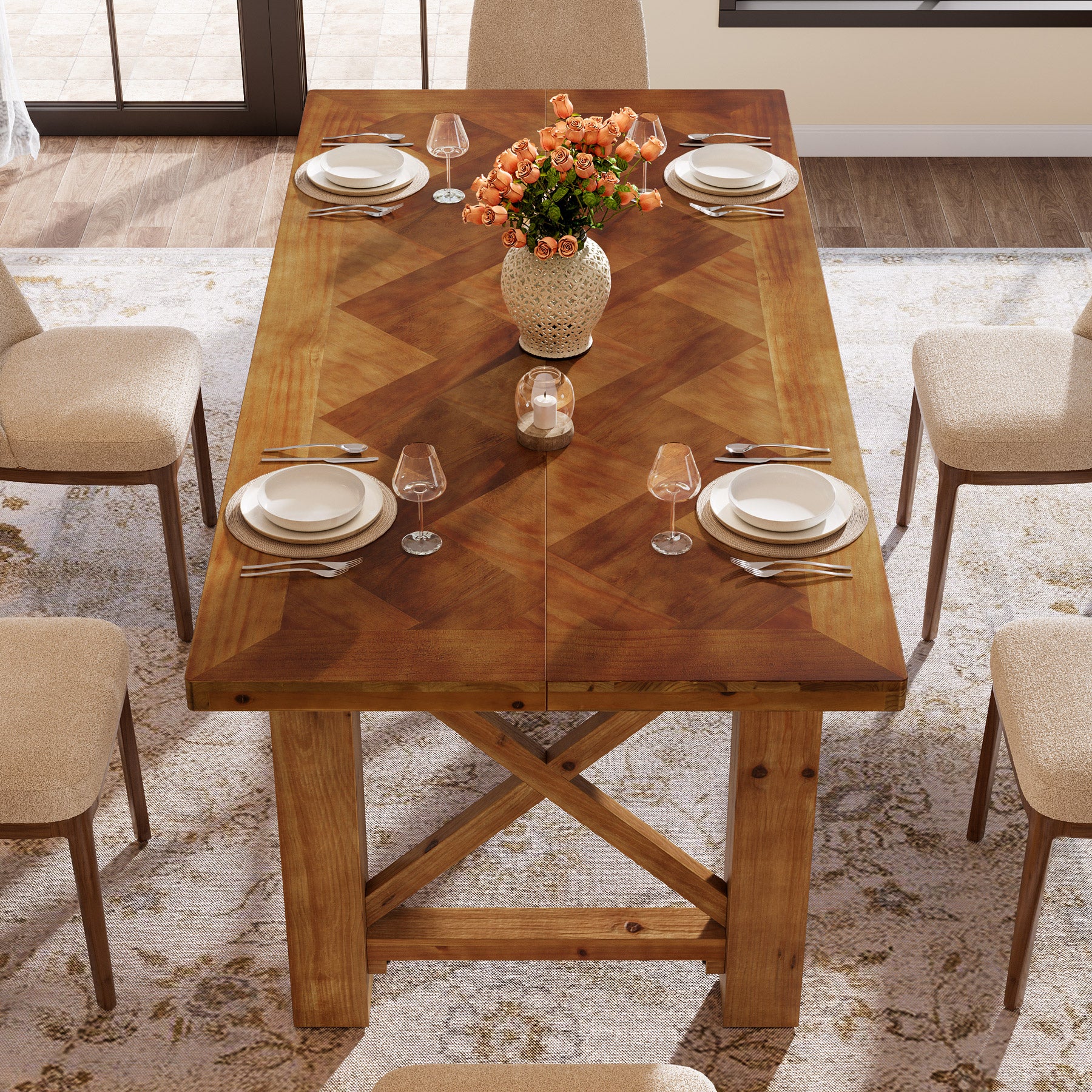 63-Inch Solid Fir Wood Dining Table with Herringbone Top, Farmhouse Table for Dining Room