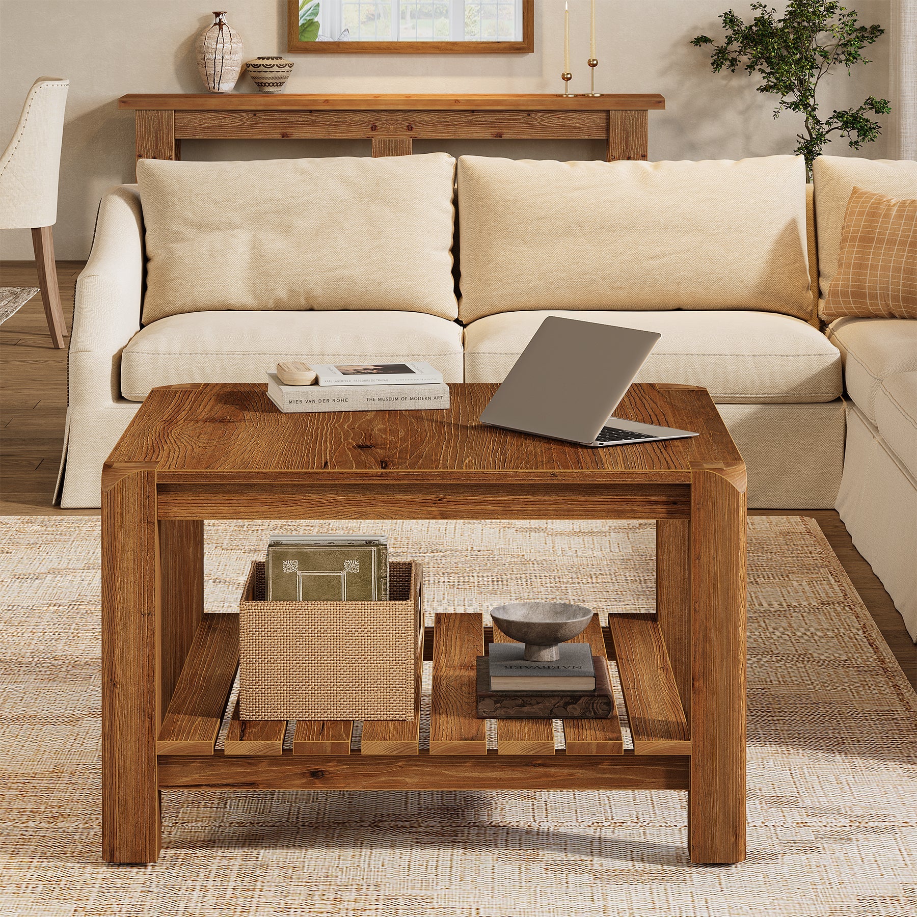 31.5" Solid Wood Coffee Table, 2-Tier Square Table with Rounded Corners