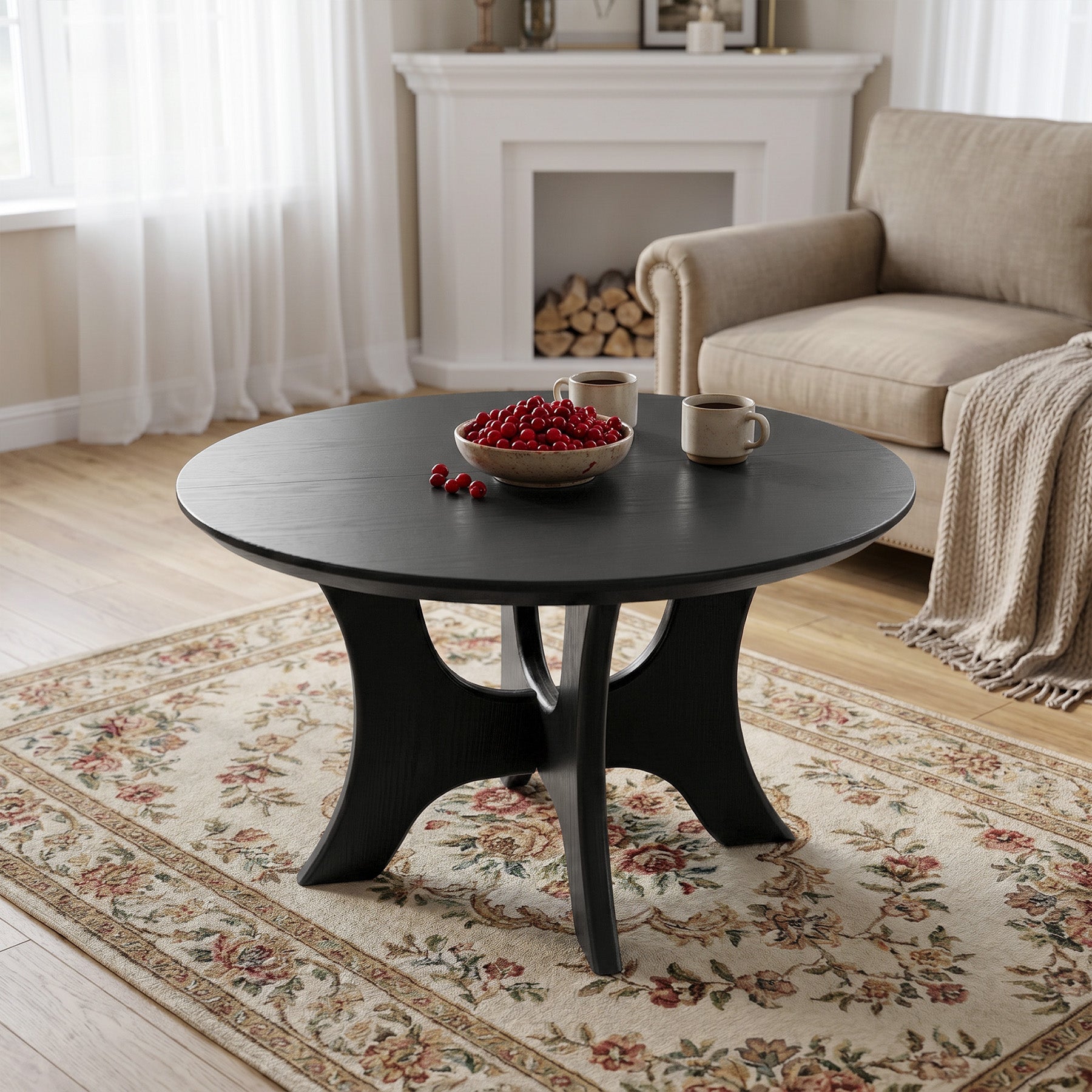 Tribesigns 31.1 Inch Round Coffee Table with Cross Base, Modern Black Table for Living Room
