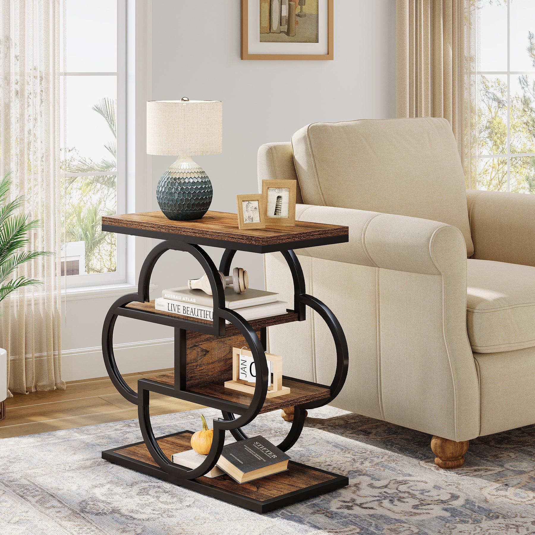 23.62 Inch Narrow Side Table with Storage, 4 Tier Wooden End Table with Metal Frame