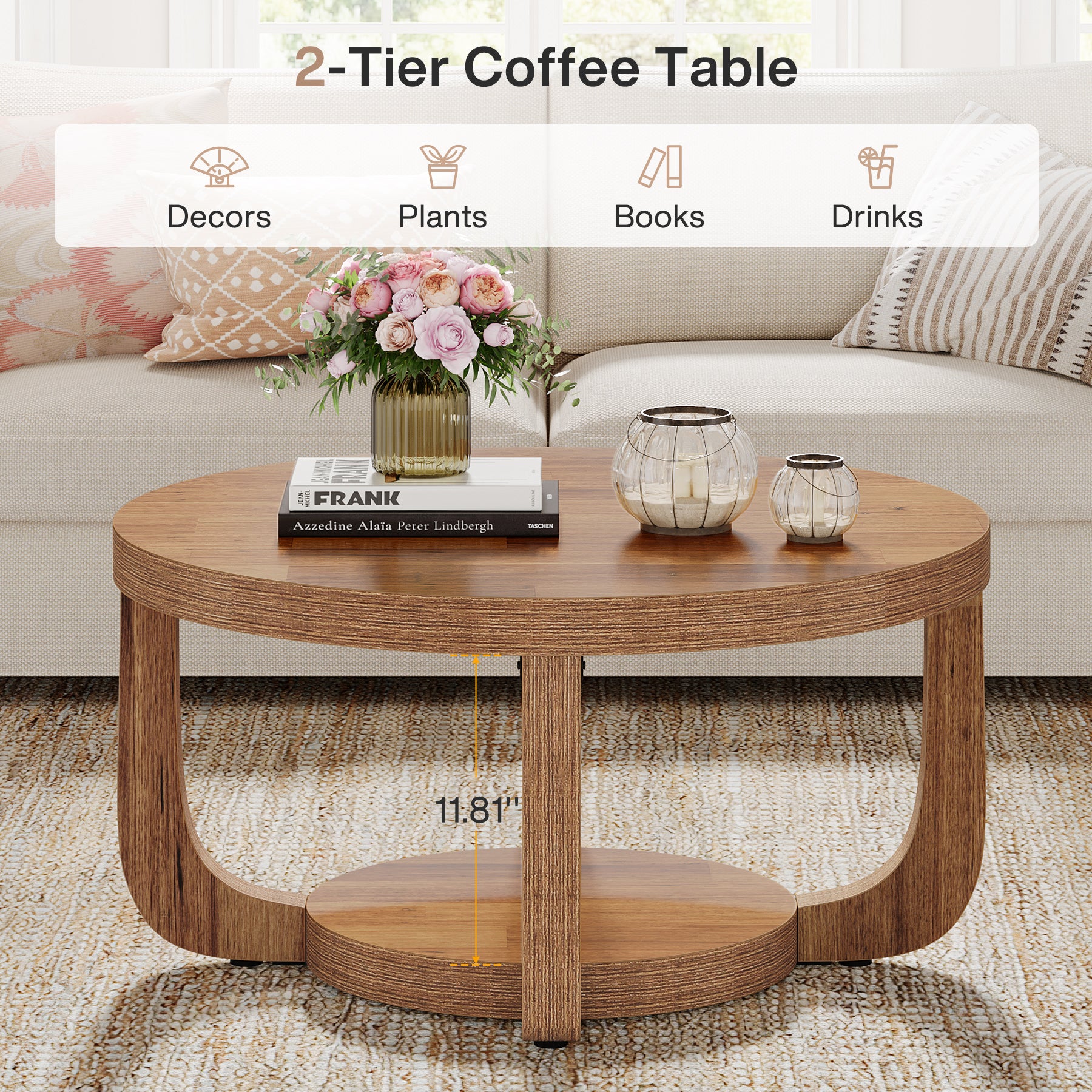 Tribesigns 31.5-Inch Round Coffee Table with Storage Shelf, 2-Tier Farmhouse Table for Living Room