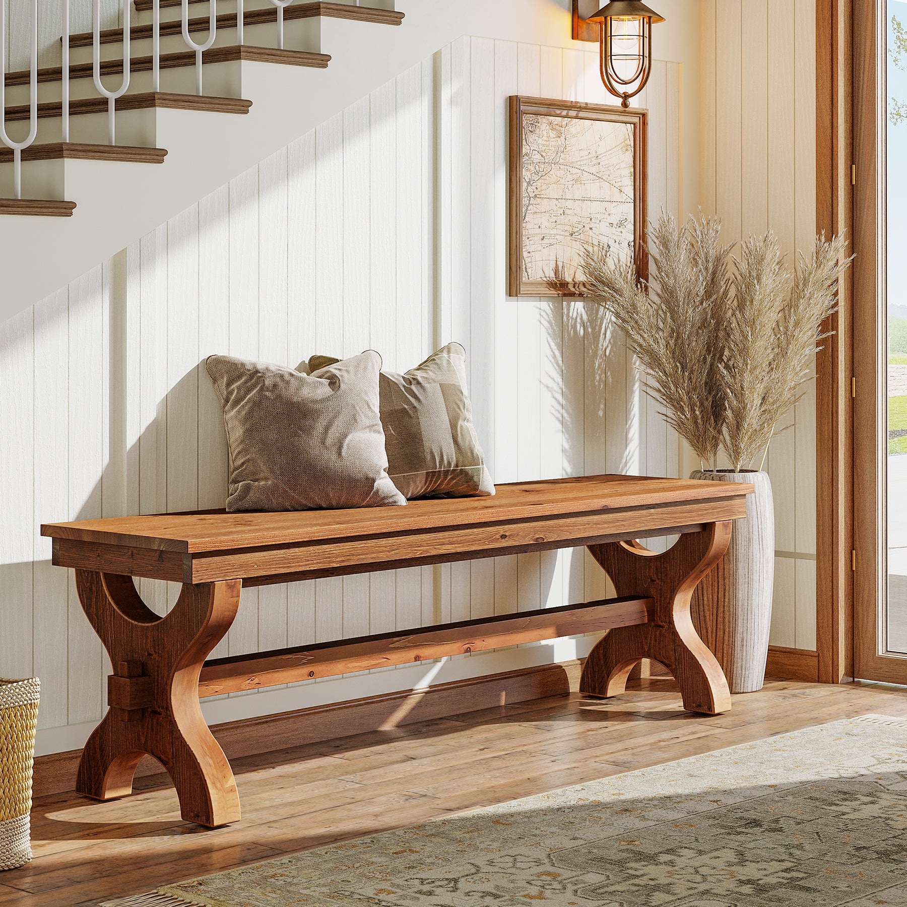 55 Inch Solid Wood Entryway Bench for 2, Farmhouse Narrow Seat for Hallway and Bedroom