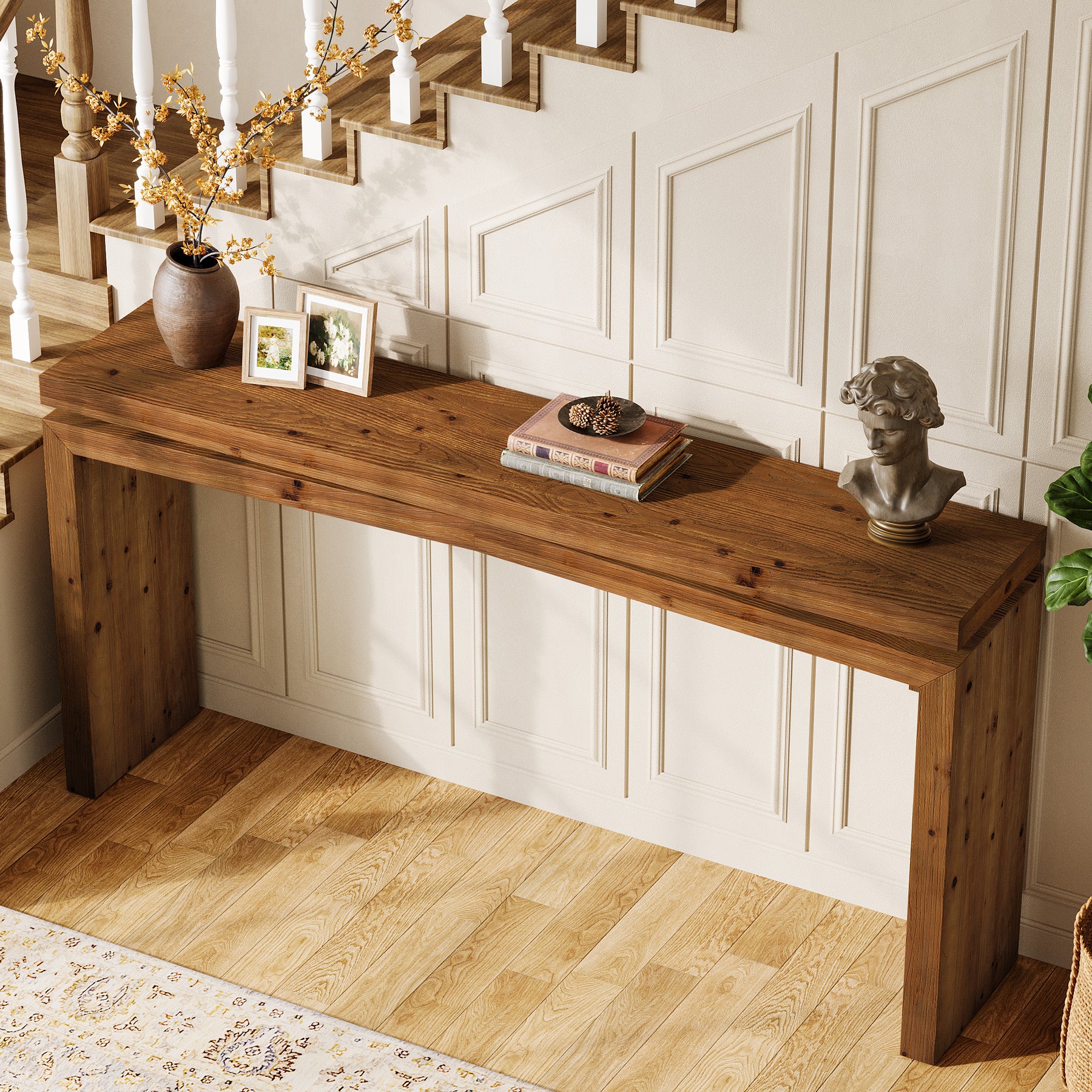 63-Inch Solid Wood Farmhouse Console Table, Long Sofa Table for Entryway