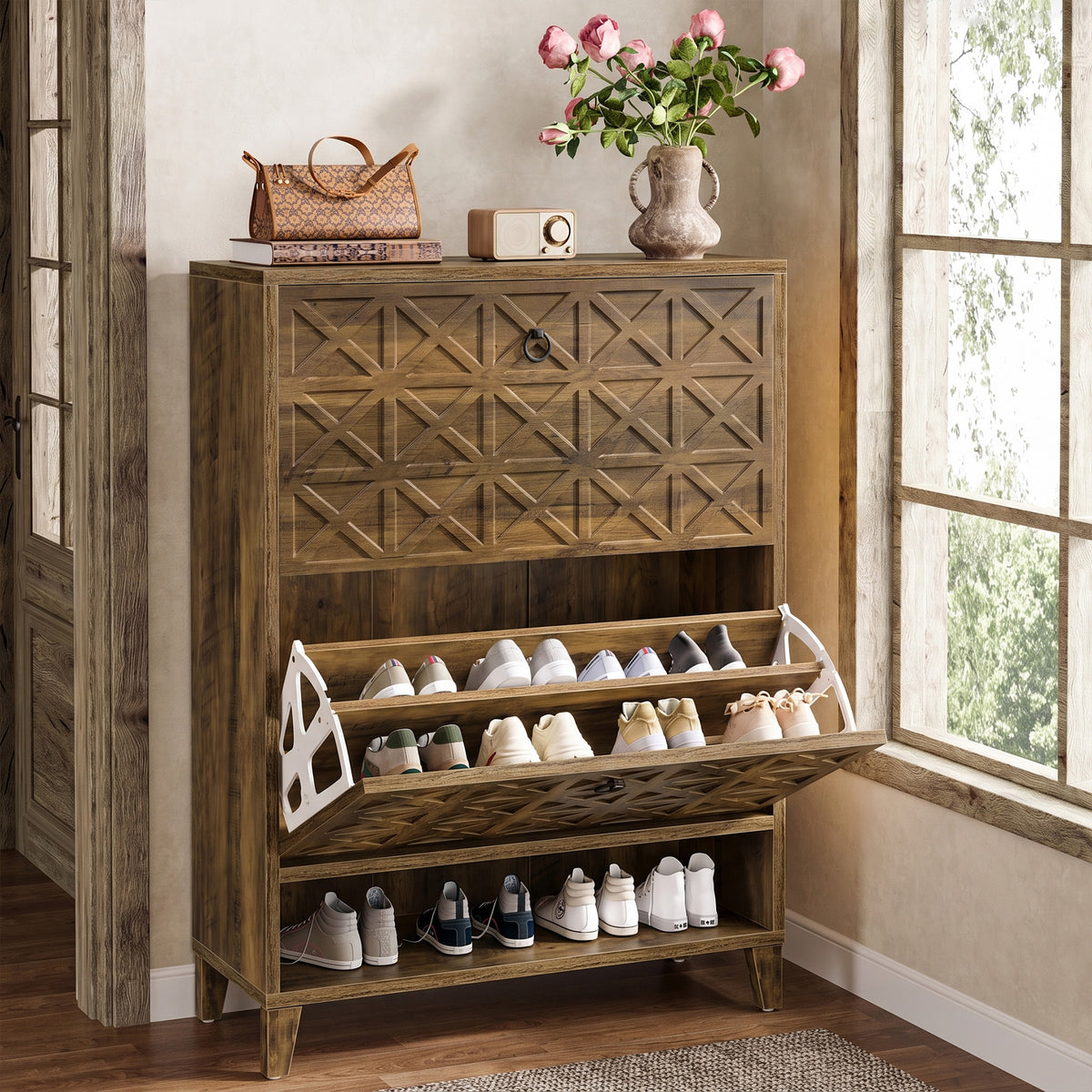 Tribesigns 43.3 Inch Shoe Cabinet with 2 Flip Drawers and Open Shelf, Entryway Shoe Storage for Hallway