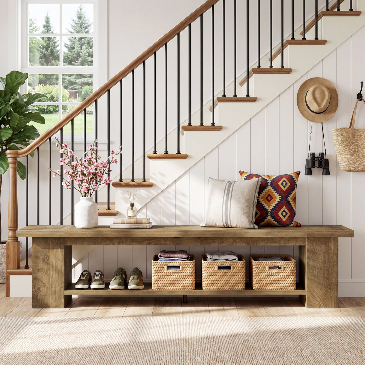 Tribesigns 86.6" Extra Long Entryway Bench with 2-Tier Shoe Storage, Storage Bench for Hallway
