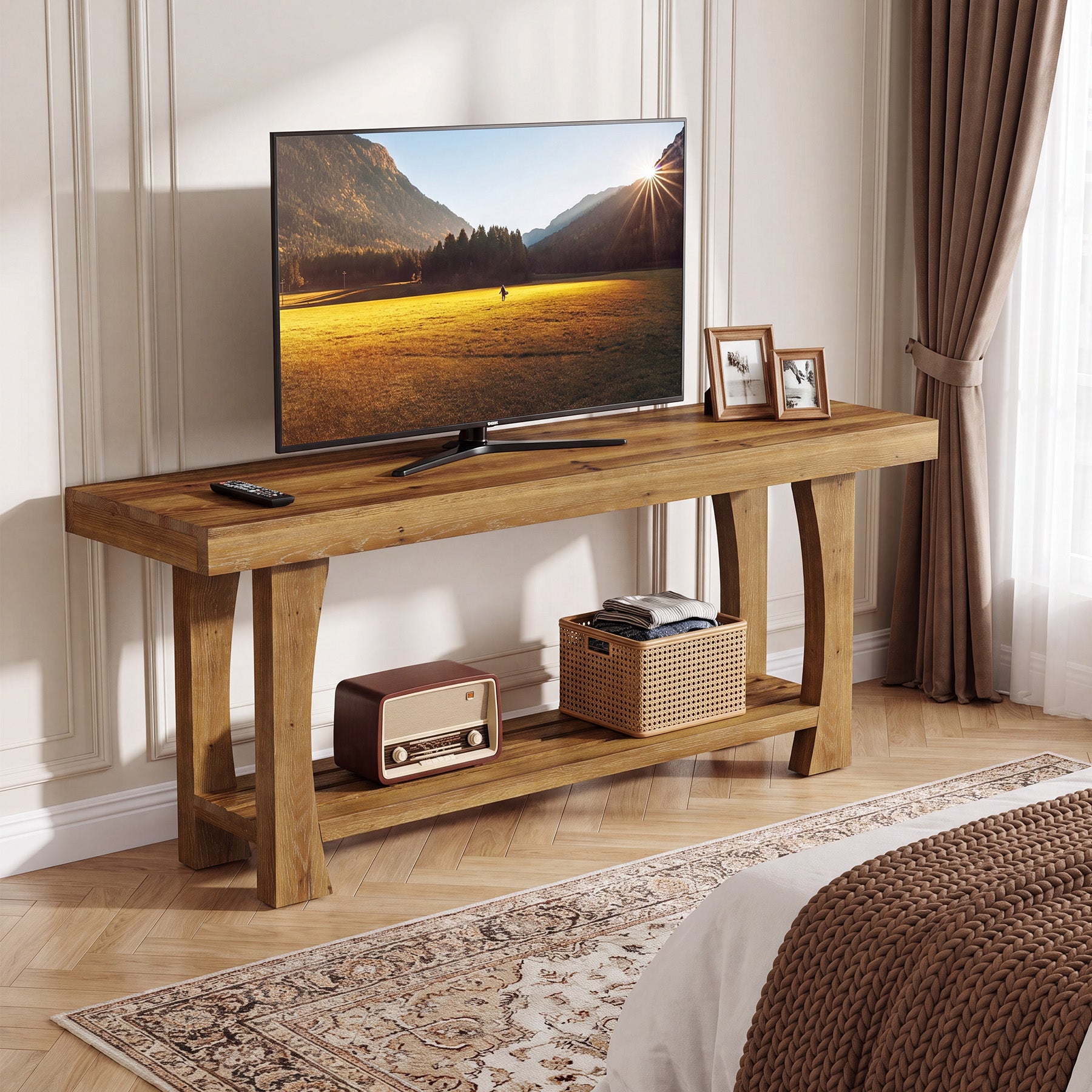 Tribesigns Solid Wood TV Stand for TVs up to 70 Inch, Farmhouse Media Console with Slatted Shelf