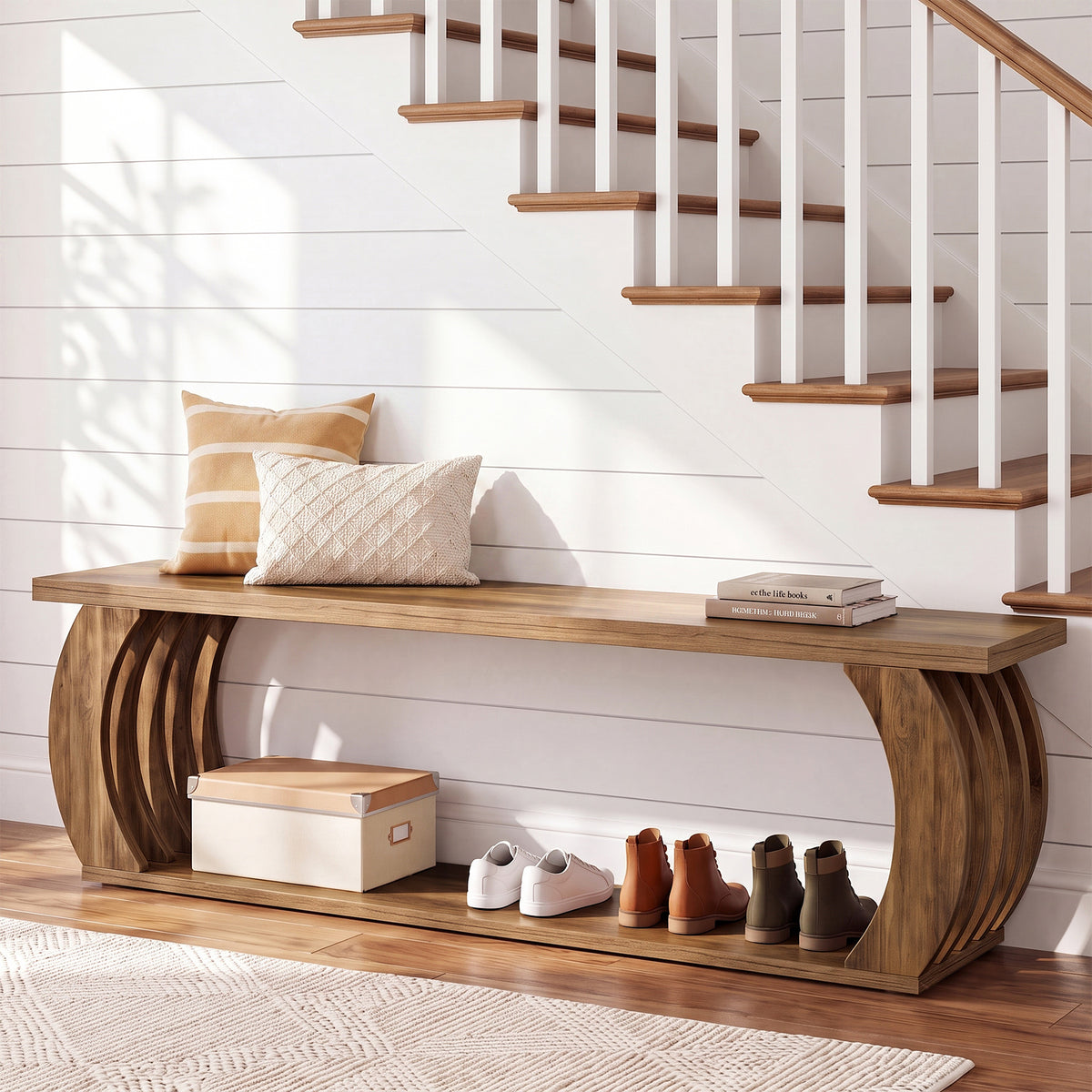 Tribesigns 63-Inch Farmhouse Entryway Bench, 2-Tier Shoe Storage Bench for Hallway
