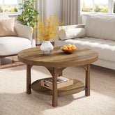 31.5" Round Coffee Table with 2 Tier Storage, Farmhouse Wooden Accent Center Table 3