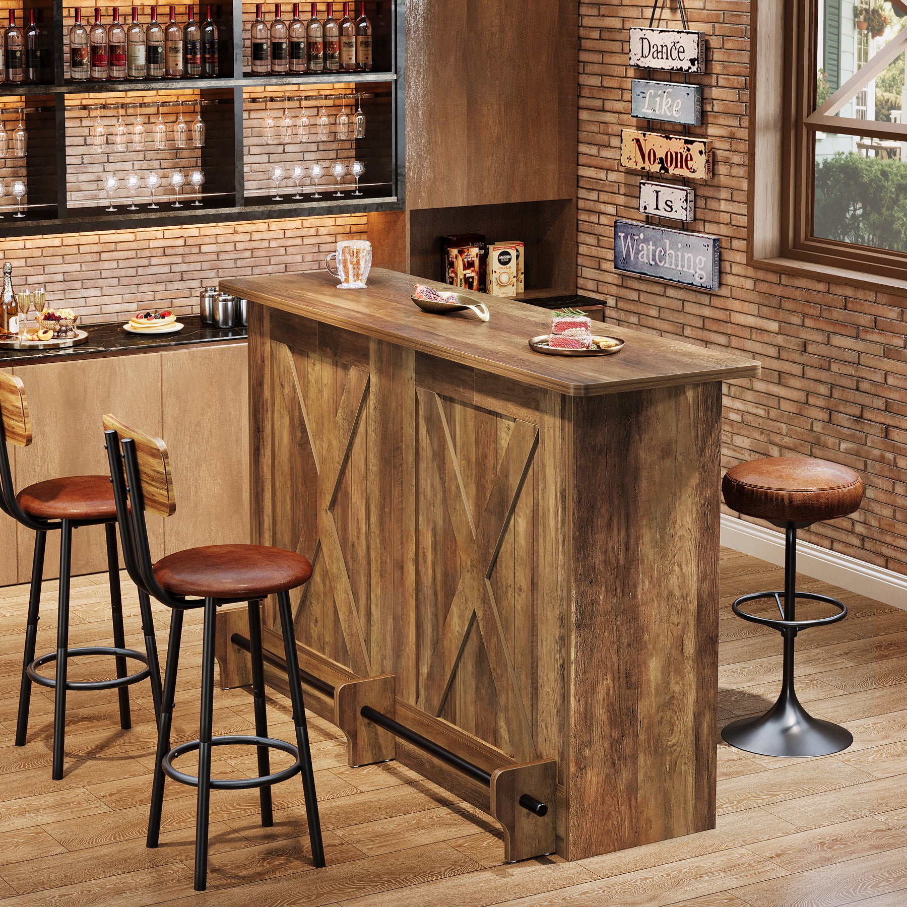 63-Inch Bar Table with 2-Tier Storage Shelves and Metal Footrest for Bistro and Basement Bar