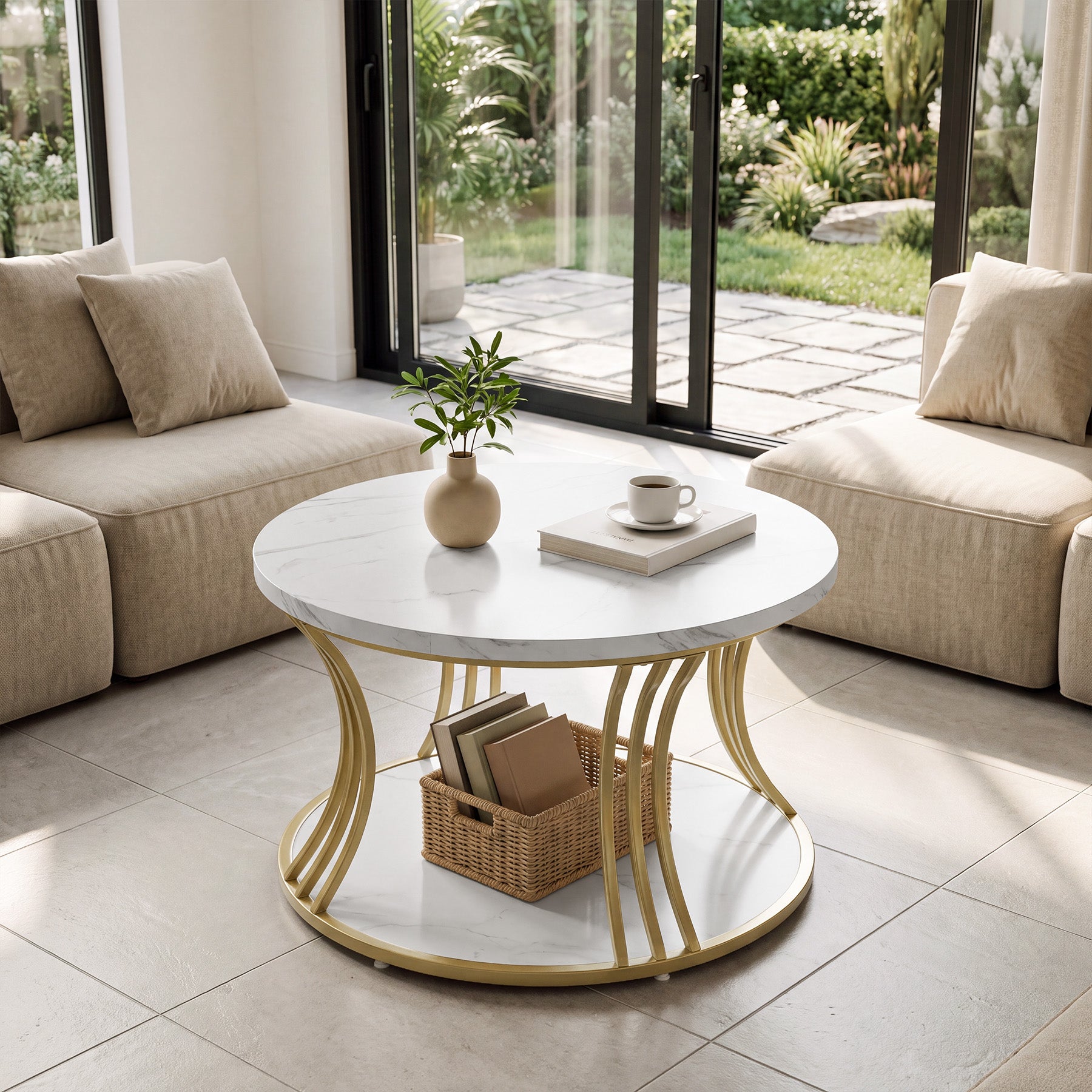 Tribesigns 31.5 Inch Round Coffee Table, 2 Tier Faux Marble Top with Gold Metal Frame for Living Room