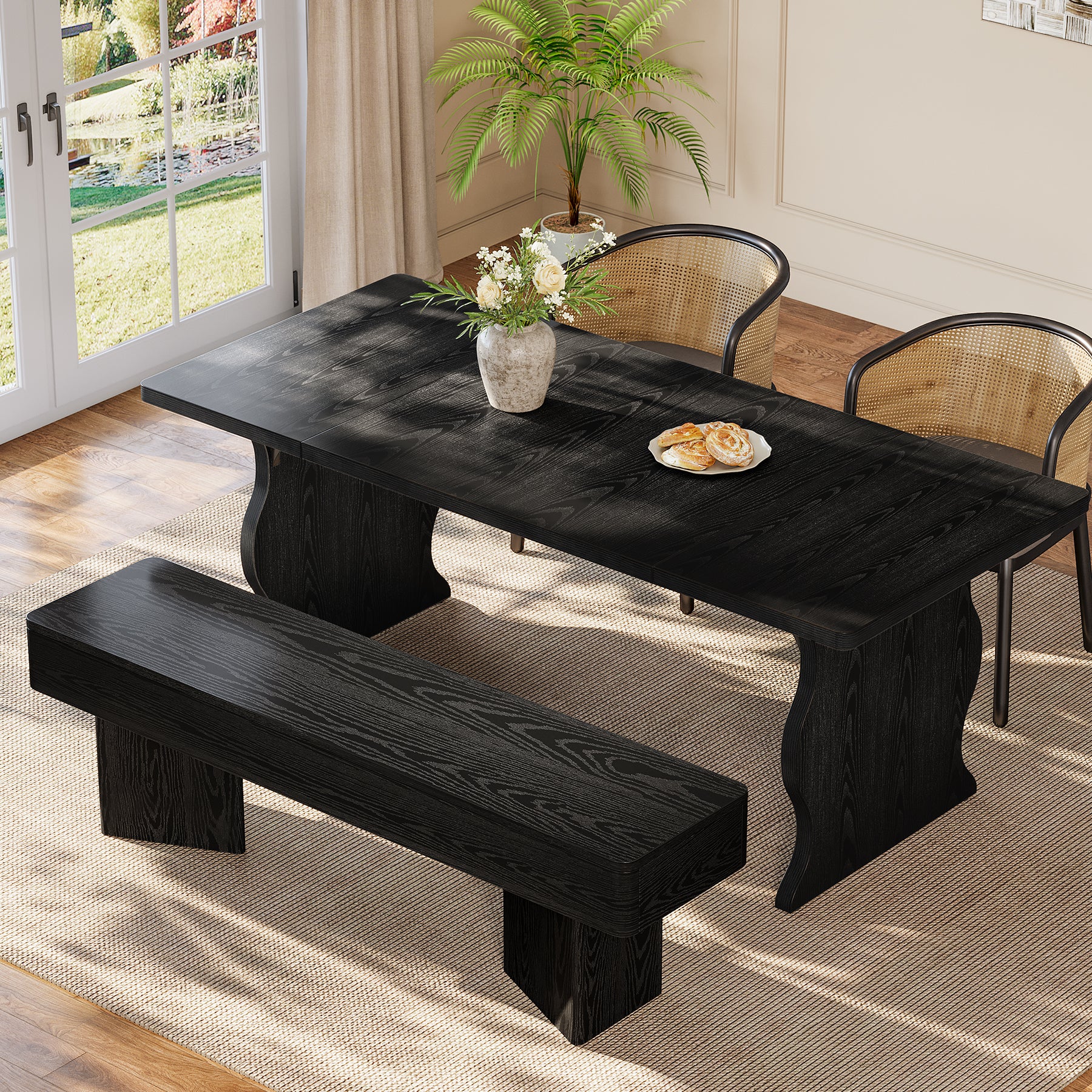 47.24-Inch Black Kitchen Table Bench with Rounded Edges, Modern Dining Bench for Dining Room