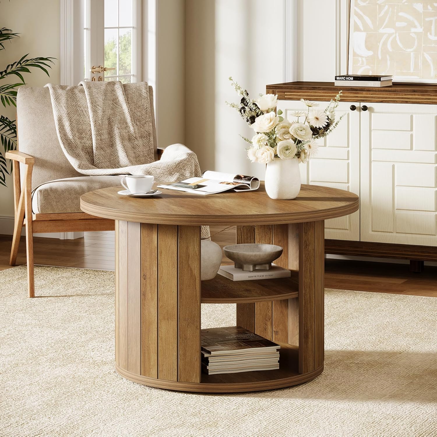 31.5" Round Rustic Storage Coffee Table - Small Circle Center Table with Shelf for Living Room