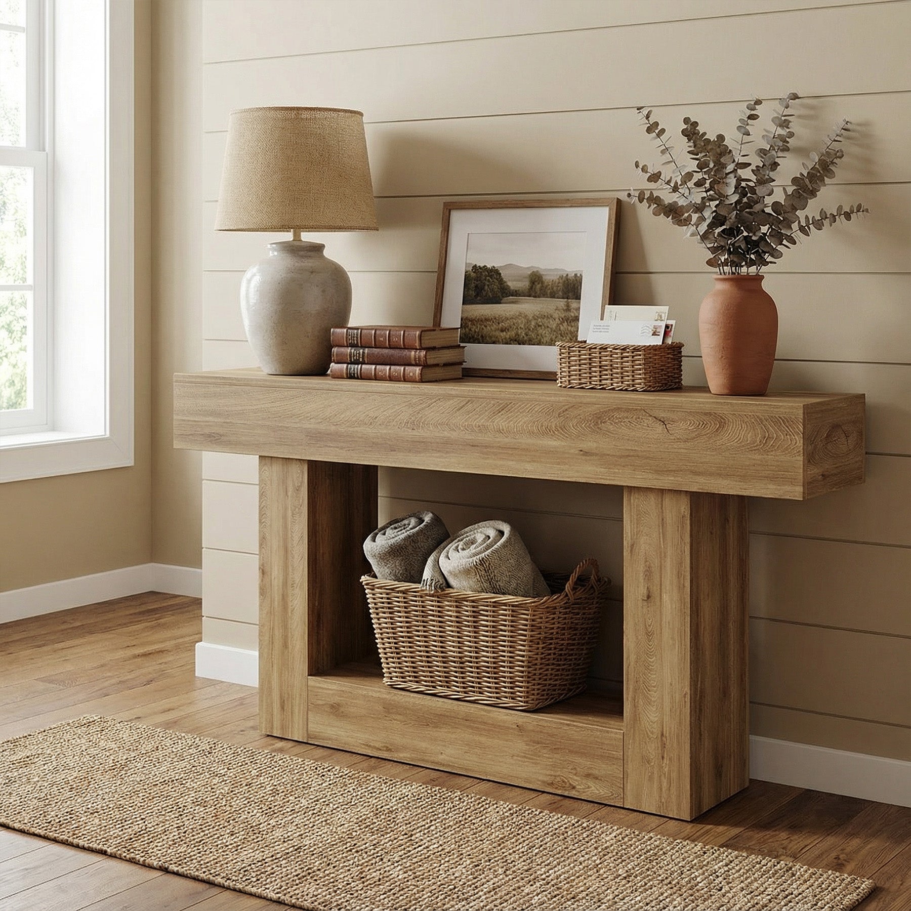 63" Distressed Wood Console Table, 2-Tier Sofa & Entry Table