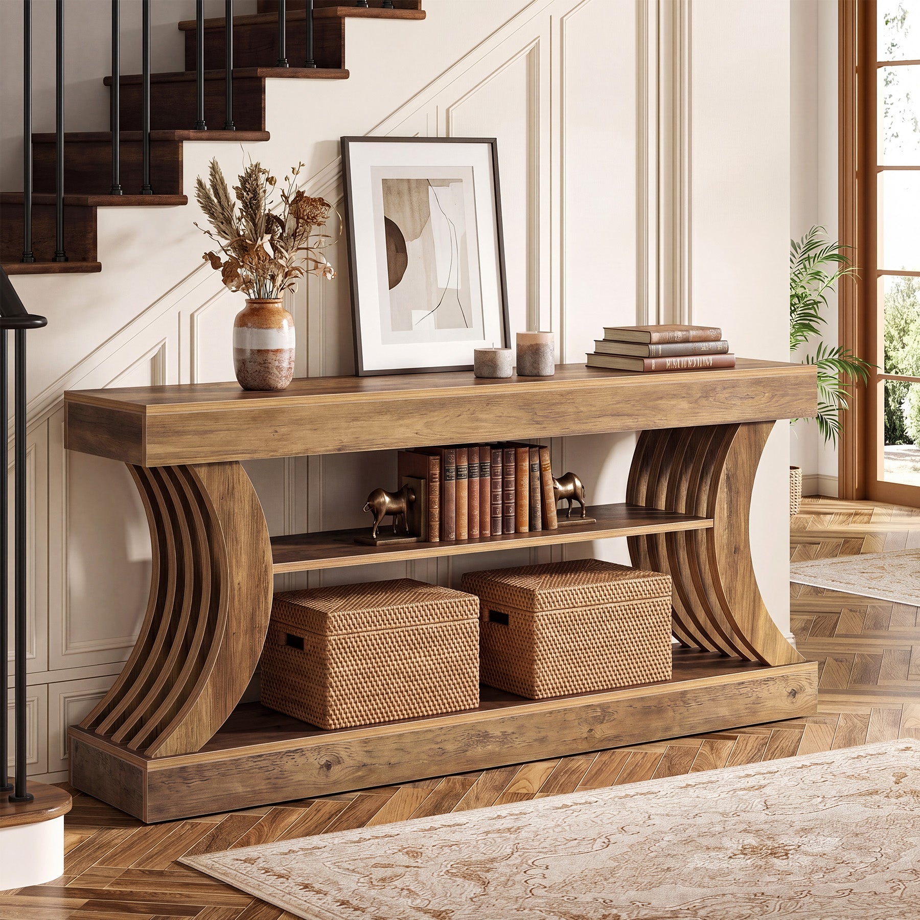 70.9-Inch 3-Tier Console Table with Curved Base, Farmhouse Hallway Table with Storage