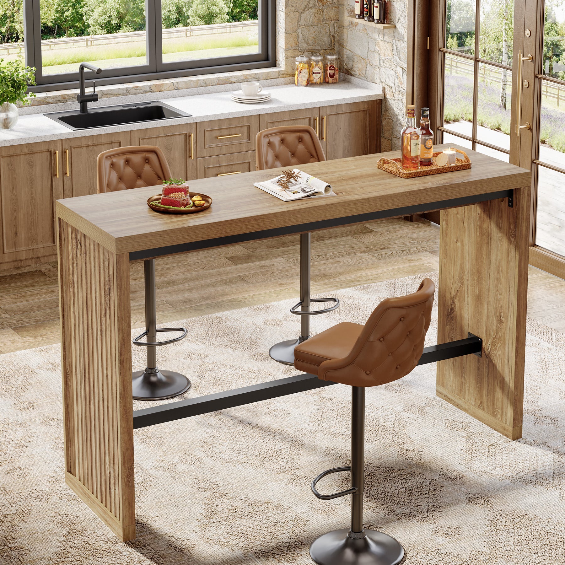 Tribesigns 55-Inch Counter Height Bar Table with Metal Footrest and Fluted Design, Rectangular High Top Pub Table for Home Bar Kitchen and Bistro