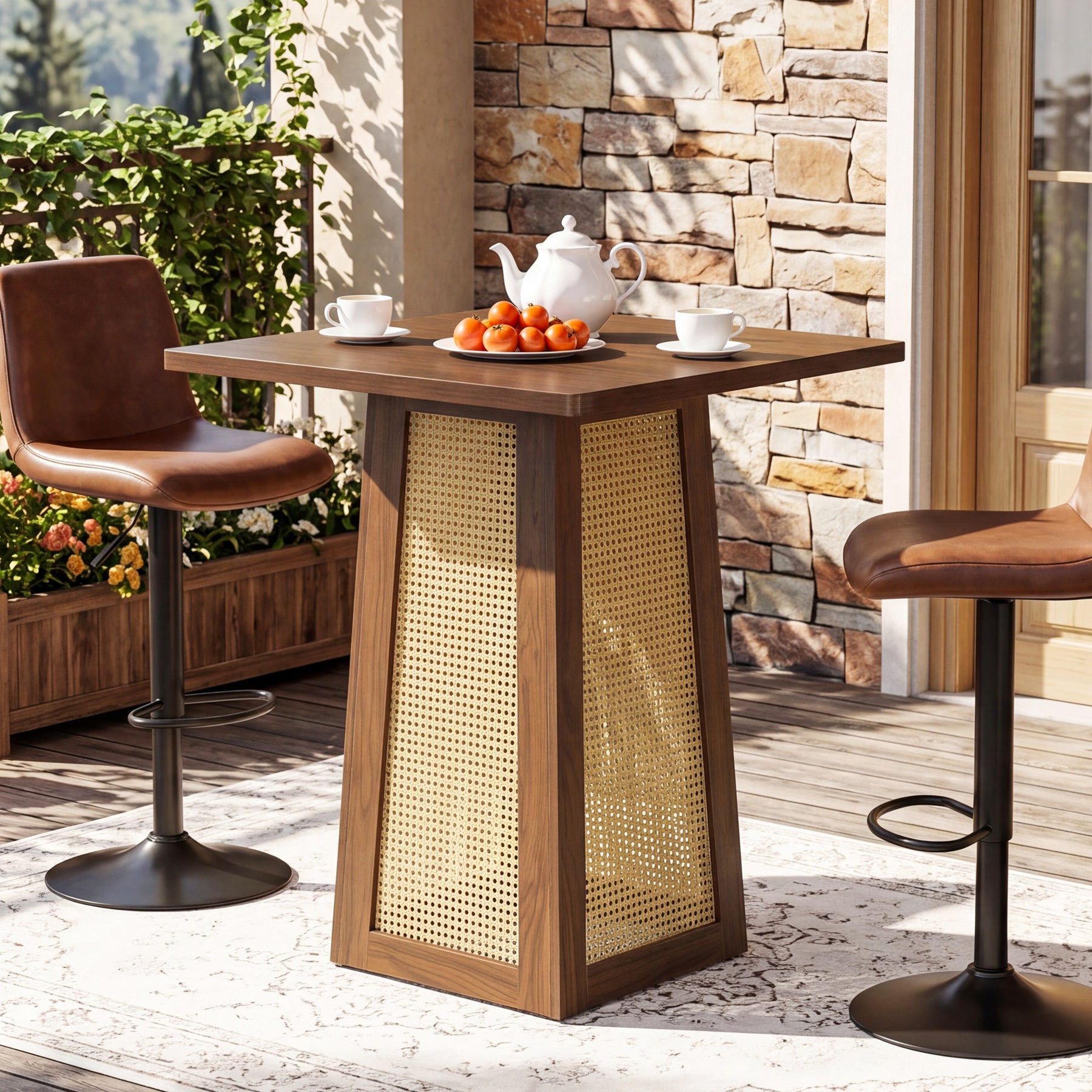 31.5-Inch Square Bar Table, Counter Height Pub Table with Rattan Pedestal Base for Home Bar Kitchen and Small Spaces