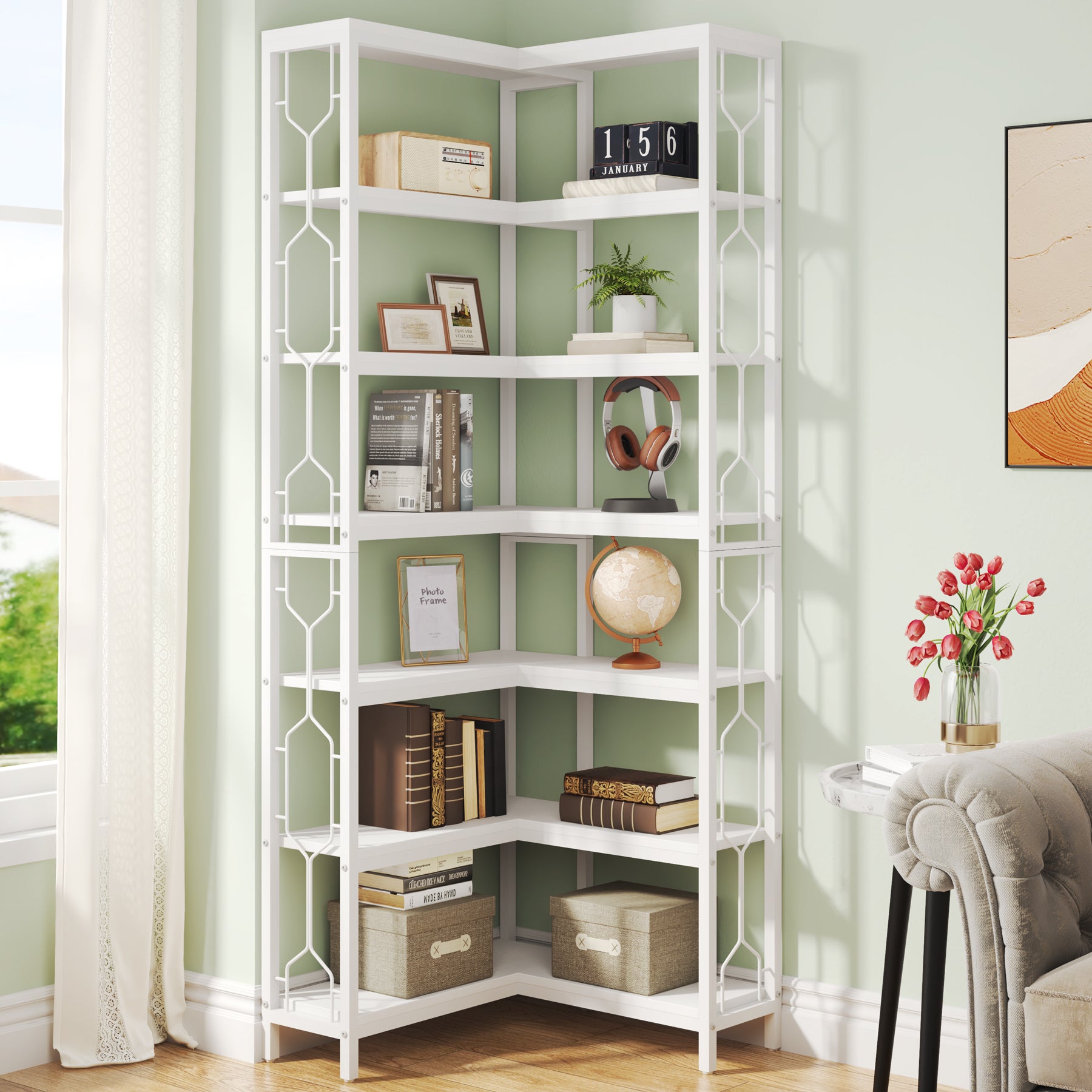 78.7-Inch 7-Tier Corner Bookcase with Hexagon-Pattern Side Panels, Tall Display Unit for Living Room