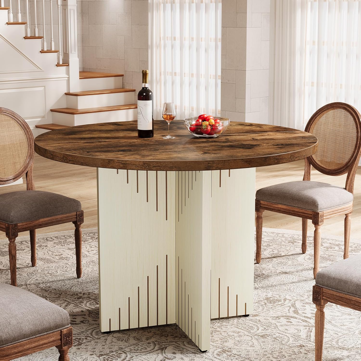 39" Round Farmhouse Dining Table for 4 with Pedestal Base - All Wood Kitchen Table in Brown & Beige