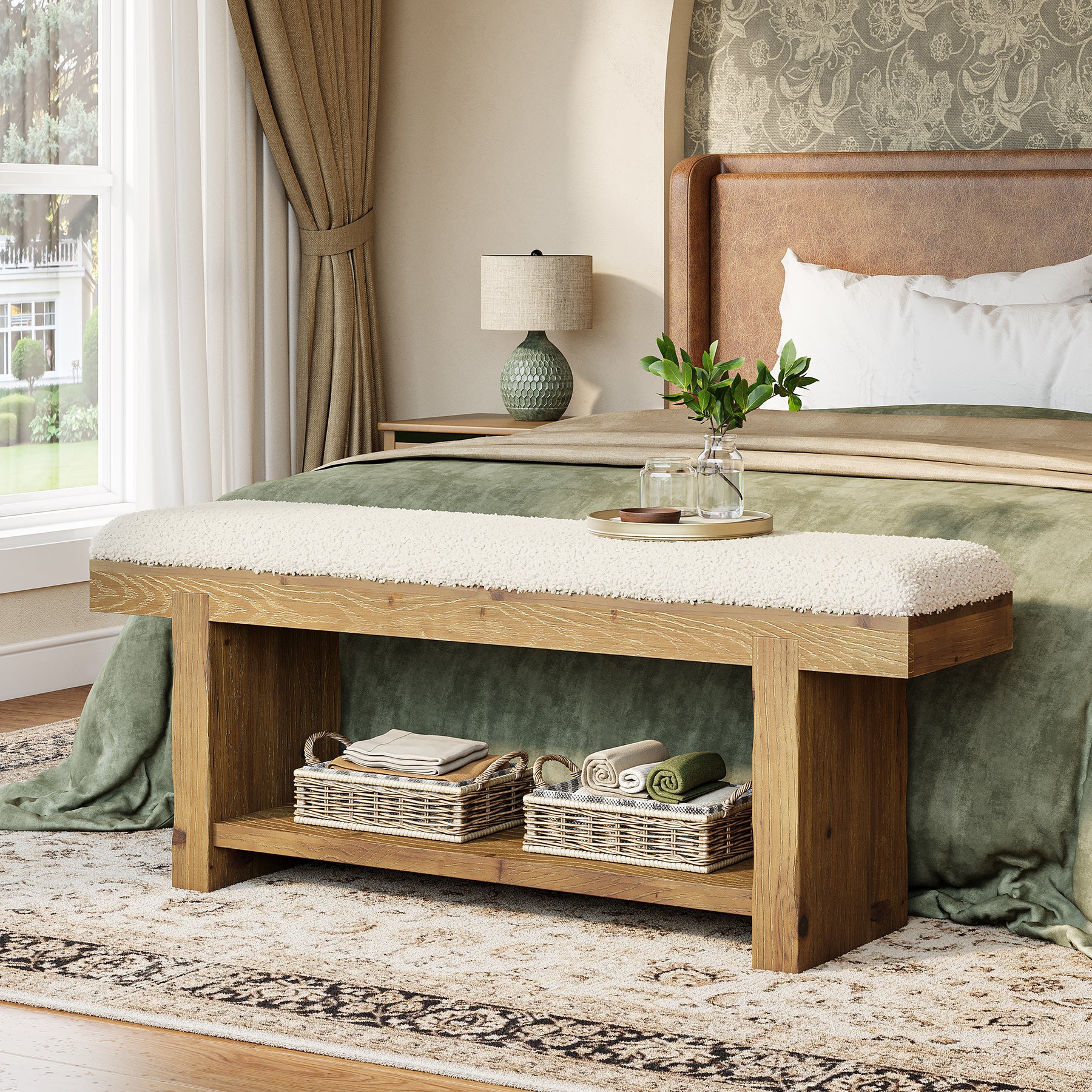 Tribesigns 47.2-Inch Farmhouse Entryway Bench with Storage Shelf, Solid Wood Upholstered Shoe Bench for Mudroom