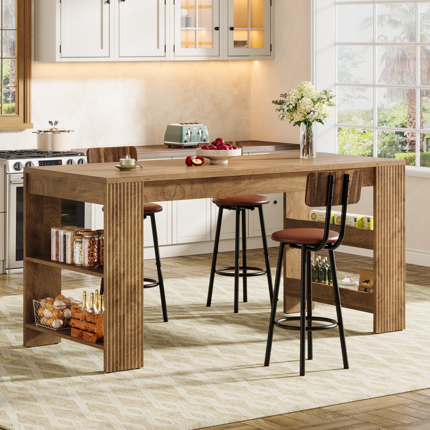Tribesigns 63 Inch Farmhouse Kitchen Island with Double-Sided Storage Shelves