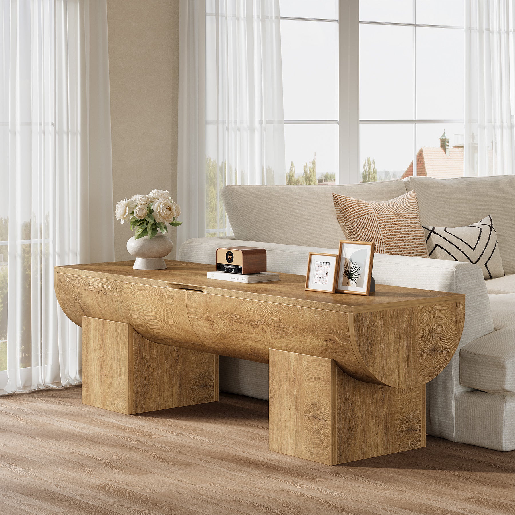 55.1-Inch Farmhouse Storage Bench with Flip-Top Storage and 2 Safety Hinges