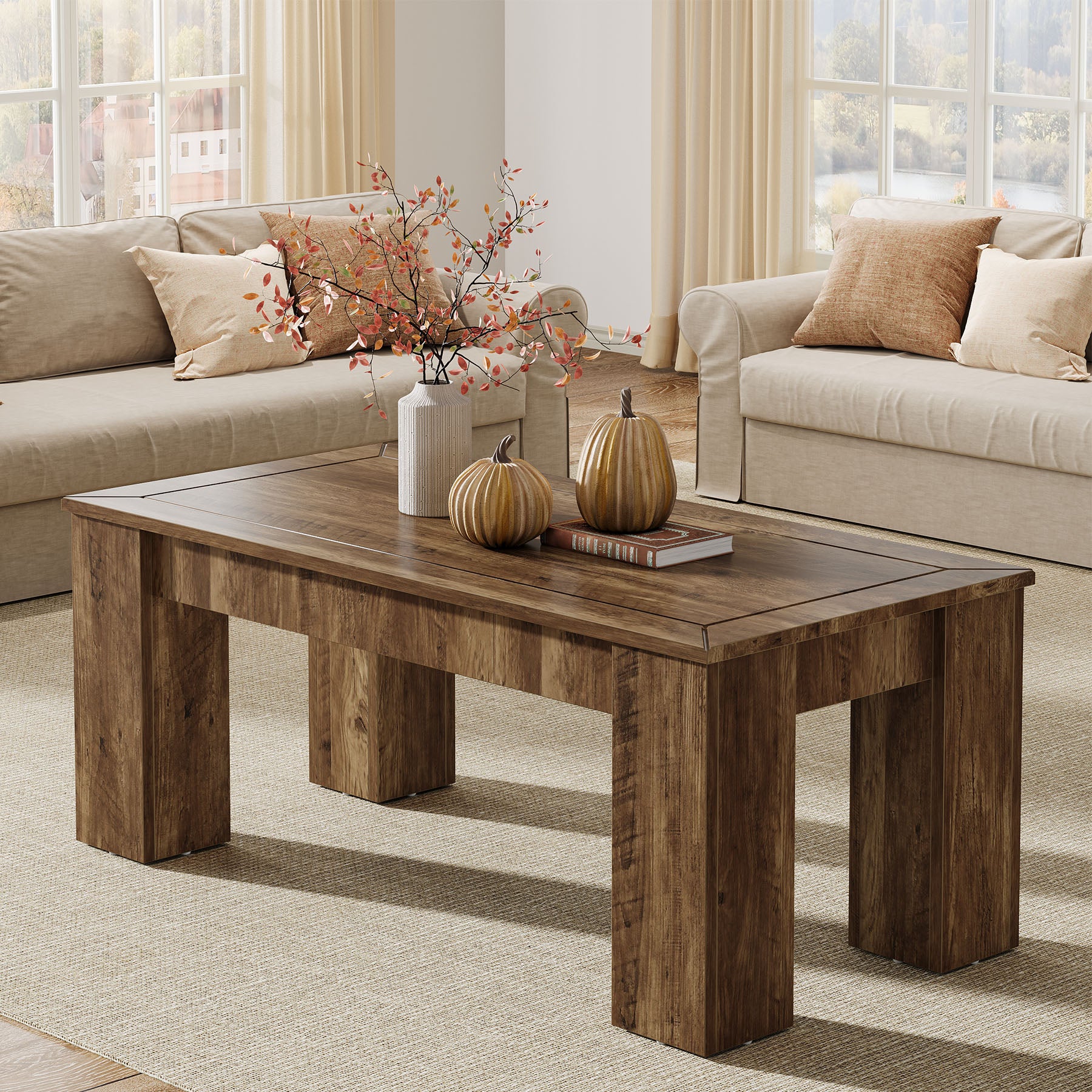 47" Rectangle Coffee Table for Living Room, Farmhouse Style Center Table with Sturdy Legs