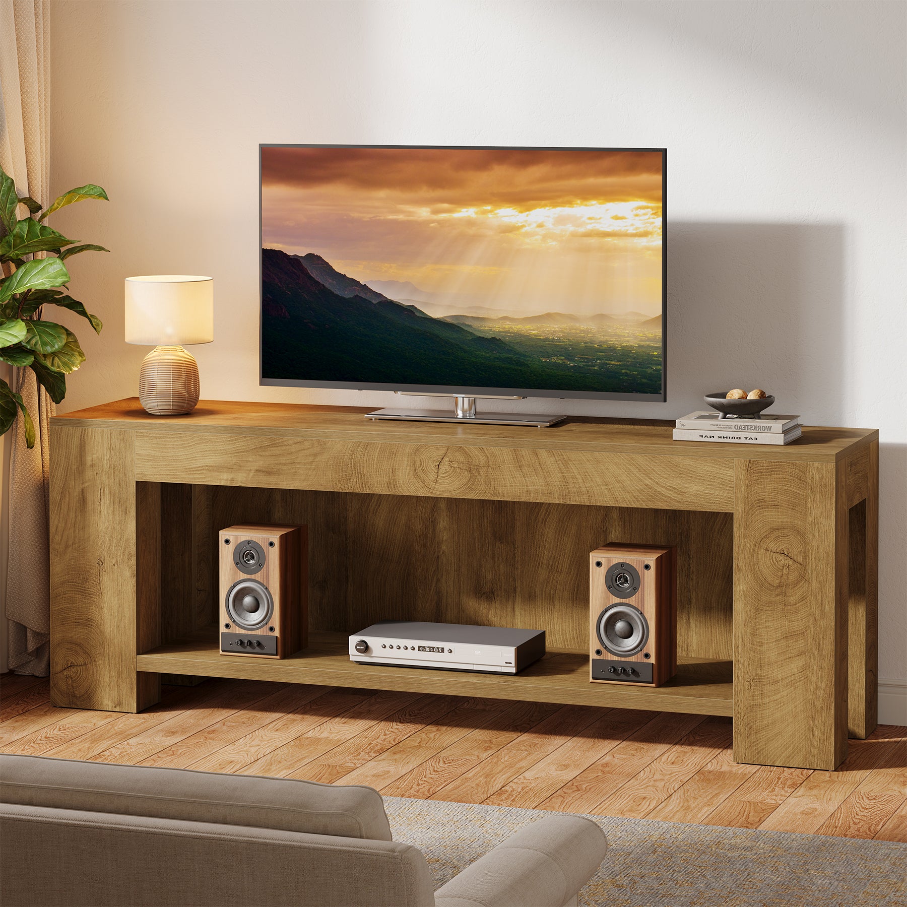 63-Inch TV Stand for 55 to 75-Inch TVs with Open Storage Shelves, Rustic Media Console Table for Living Room